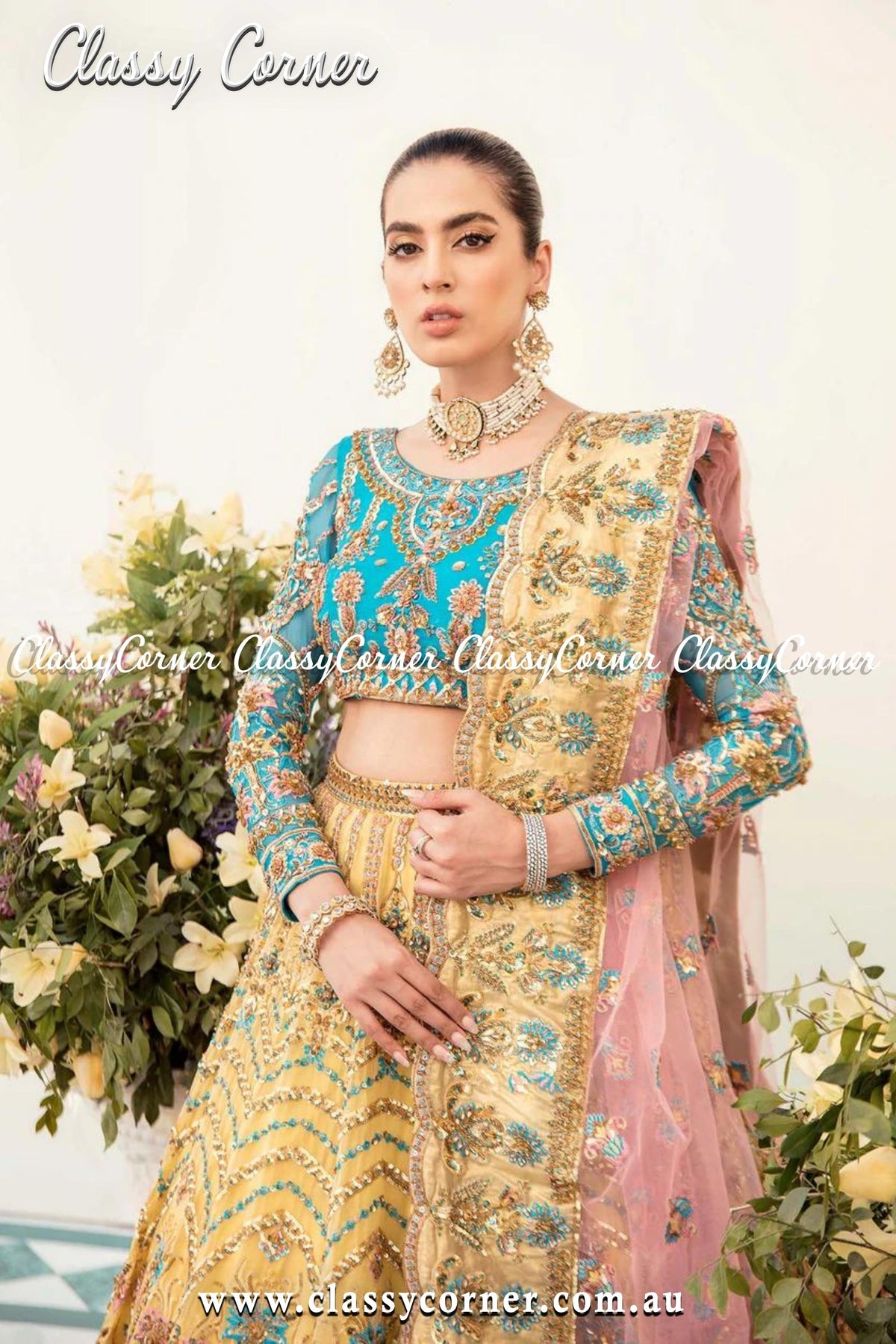 Blue Yellow Wedding Lehenga - Classy Corner