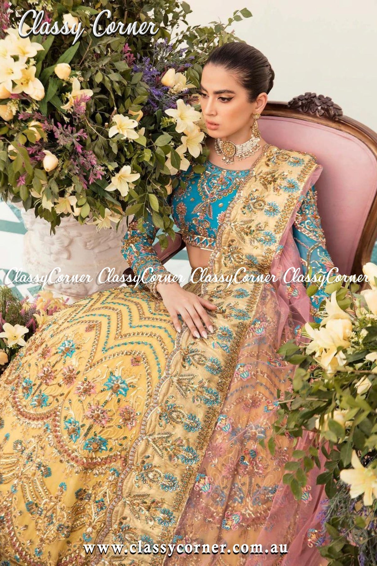 Blue Yellow Wedding Lehenga - Classy Corner