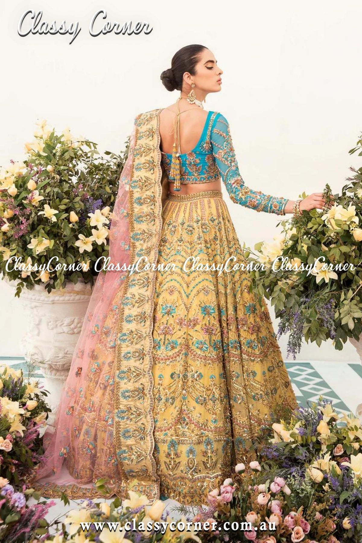 Blue Yellow Wedding Lehenga - Classy Corner