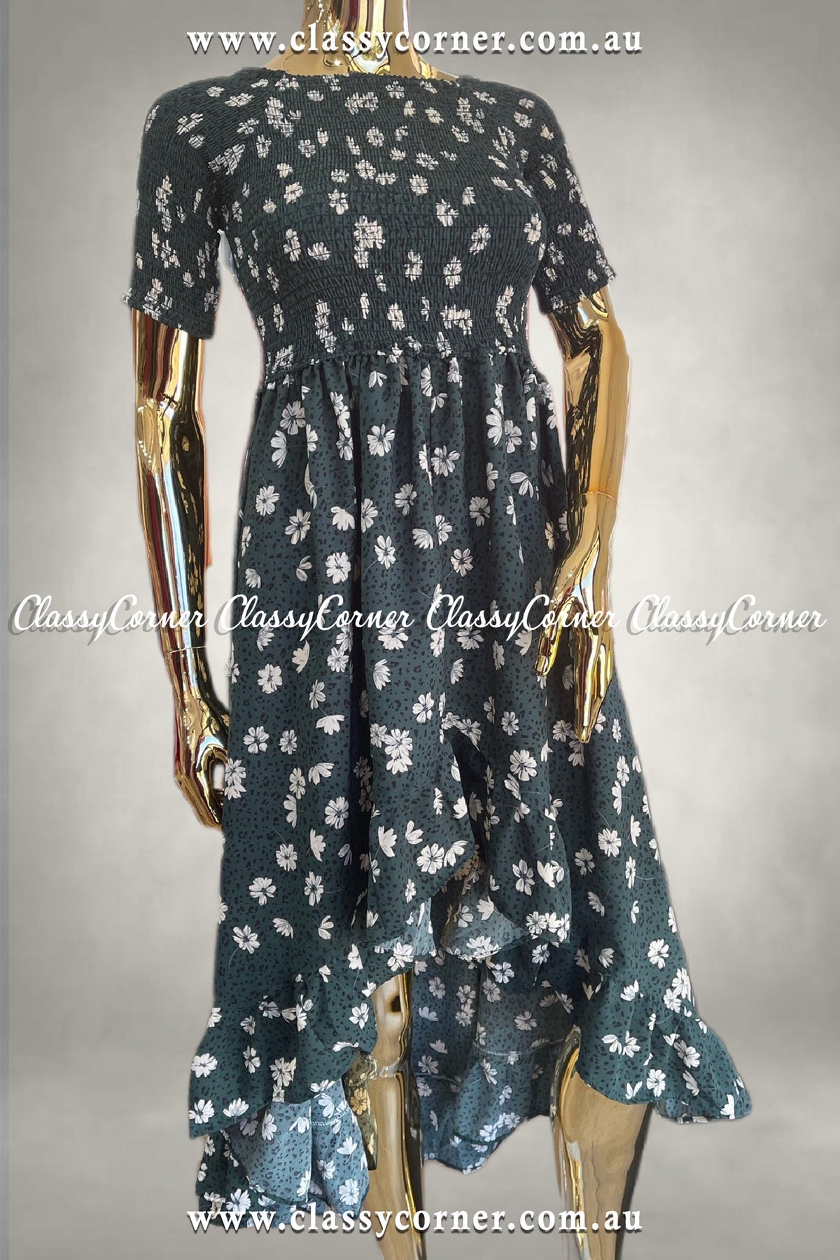 Green White Floral Print Dress - Classy Corner