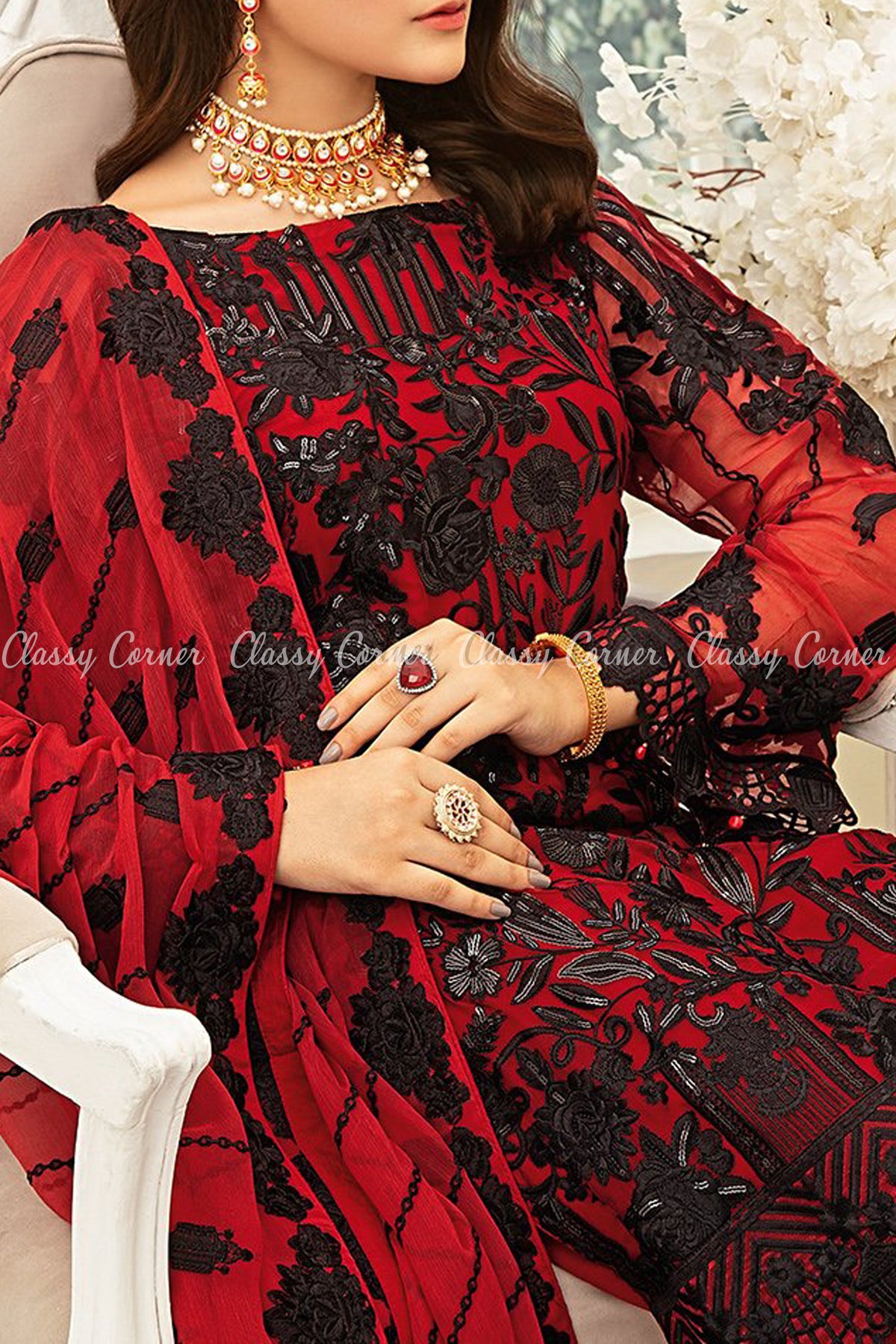 Ruby Red Black Chiffon Pakistani Formal Salwar Kameez - Classy Corner