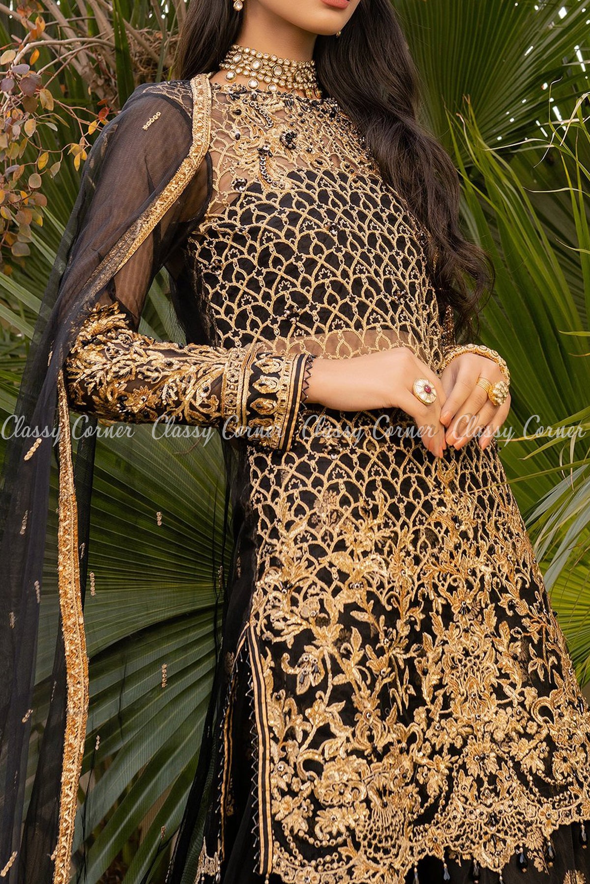 Elegant Floral Design Black and Gold Salwar Kameez - Classy Corner