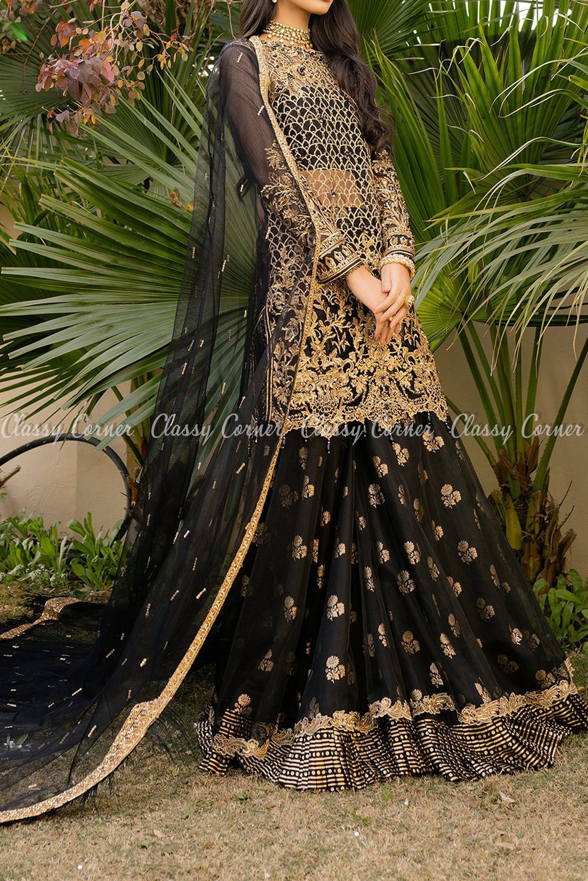 Elegant Floral Design Black and Gold Salwar Kameez - Classy Corner