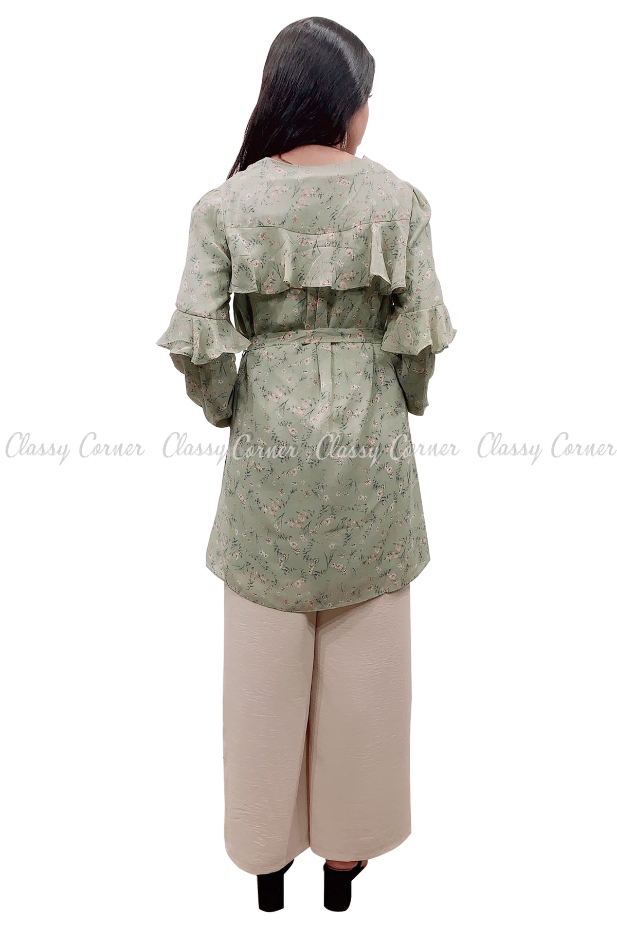 Floral Print Ruffle Sleeves Green Modest Tunic Dress - Classy Corner