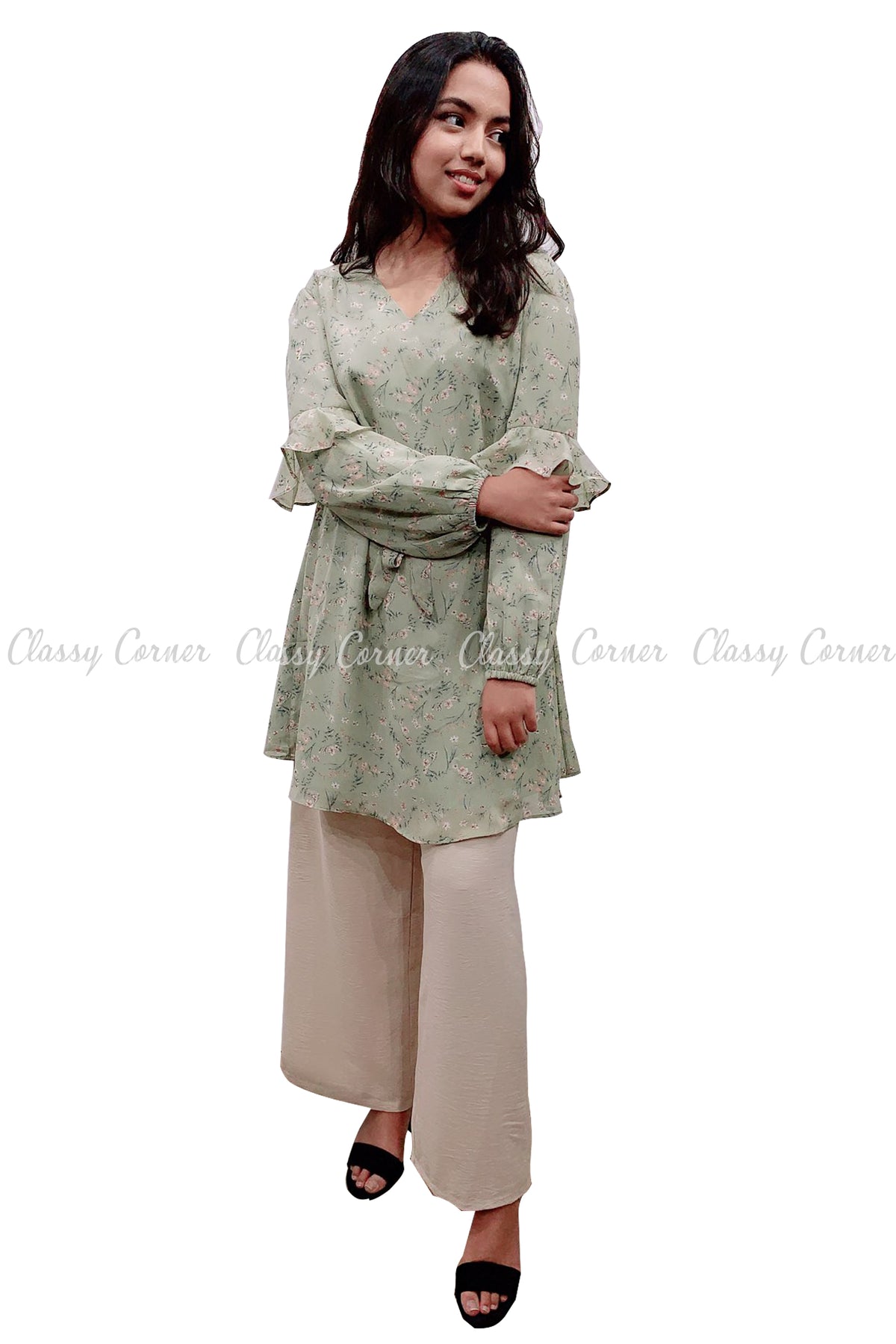 Floral Print Ruffle Sleeves Green Modest Tunic Dress - Classy Corner