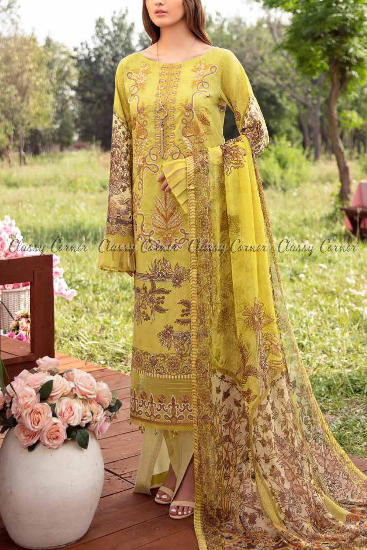 Yellow Lawn Pakistani Formal Salwar Kameez - Classy Corner