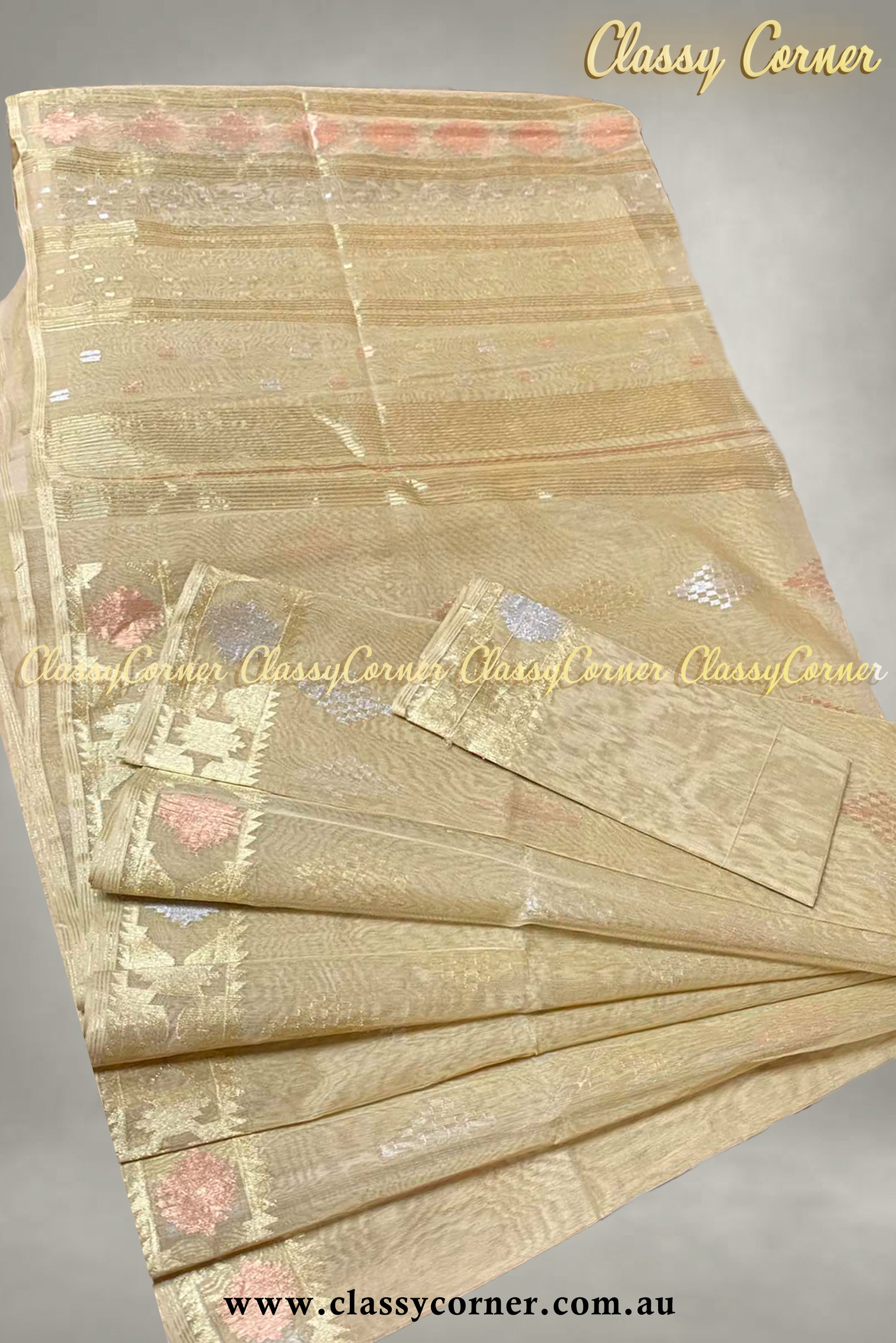 Golden Silver Rosegold Jamdani Saree - Classy Corner