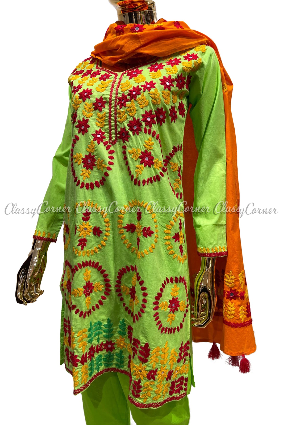 Green Orange Hand Embroidered Cotton Salwar Kameez Set - Classy Corner