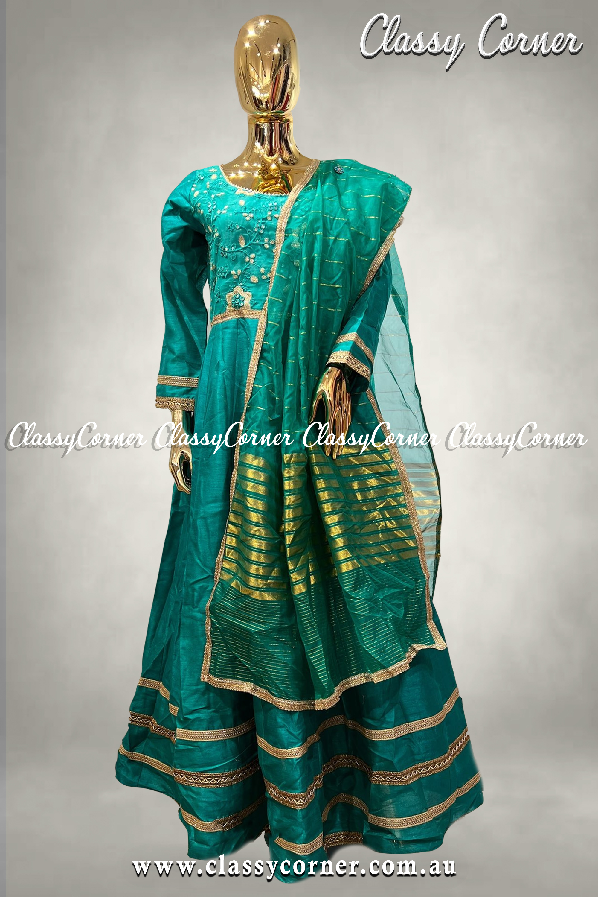 Teal Blue Gown with Dupatta - Classy Corner