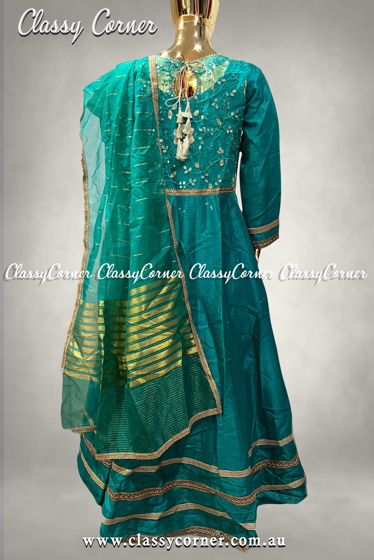 Teal Blue Gown with Dupatta - Classy Corner