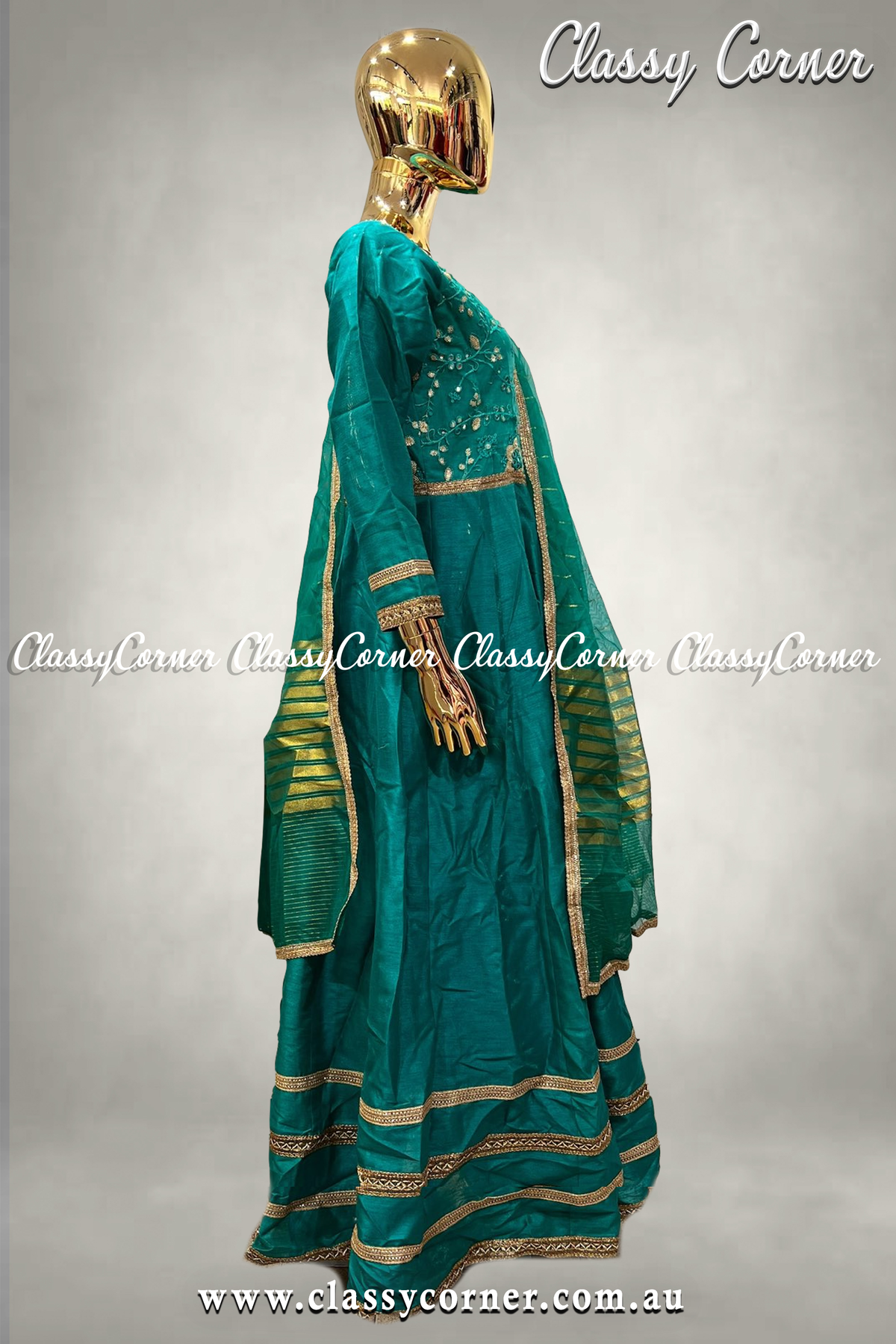 Teal Blue Gown with Dupatta - Classy Corner