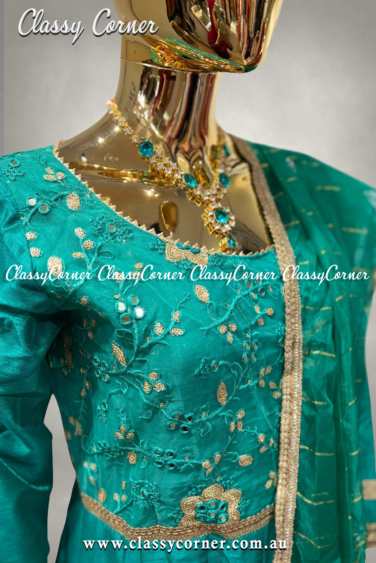 Teal Blue Gown with Dupatta - Classy Corner