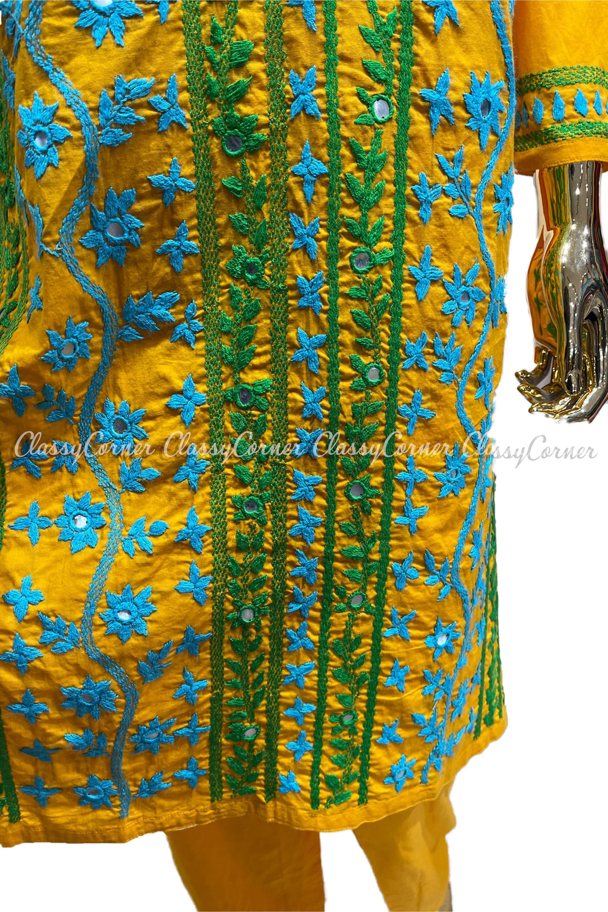 Green Yellow Hand Embroidered Cotton Salwar Kameez Suit - Classy Corner