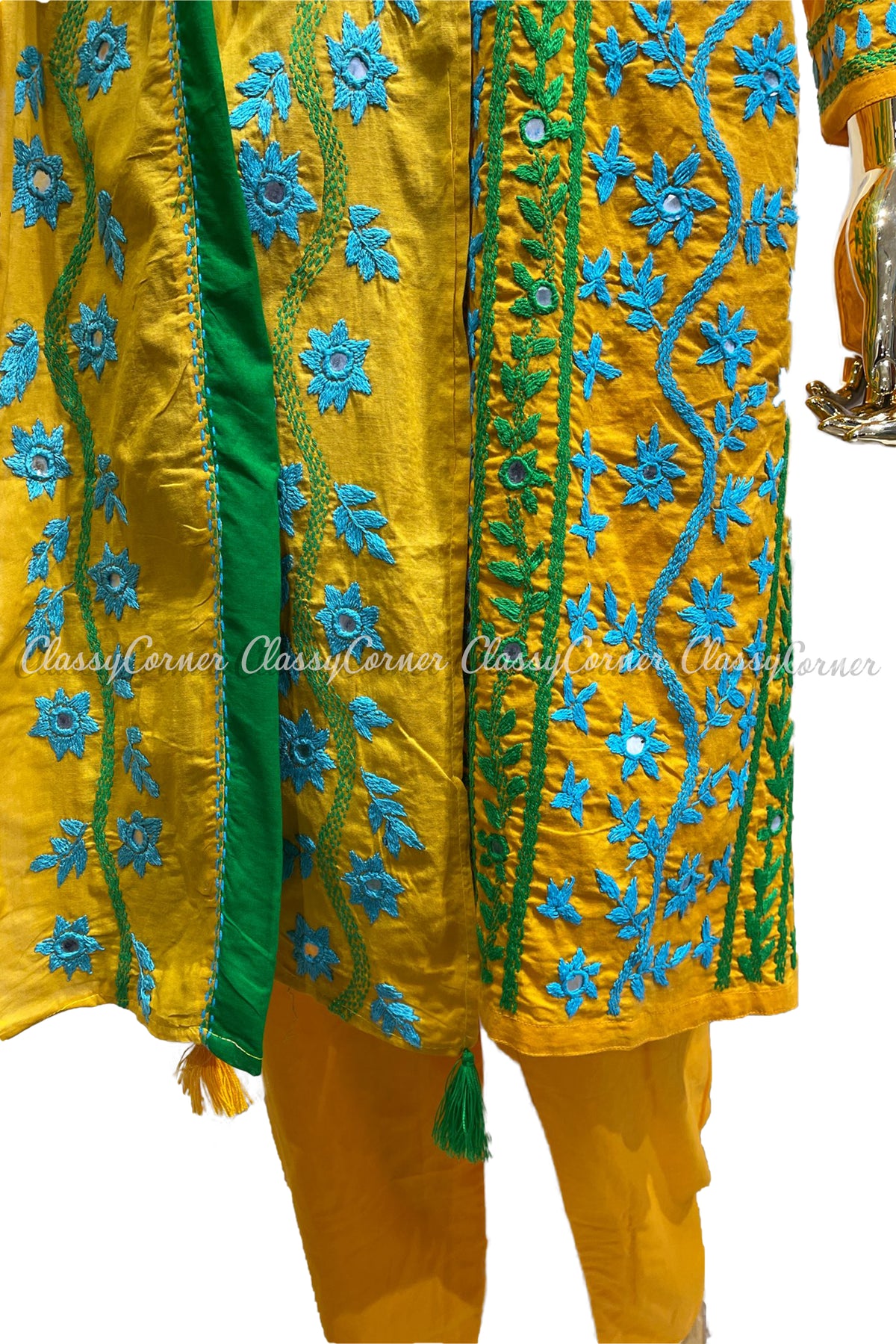 Green Yellow Hand Embroidered Cotton Salwar Kameez Suit - Classy Corner