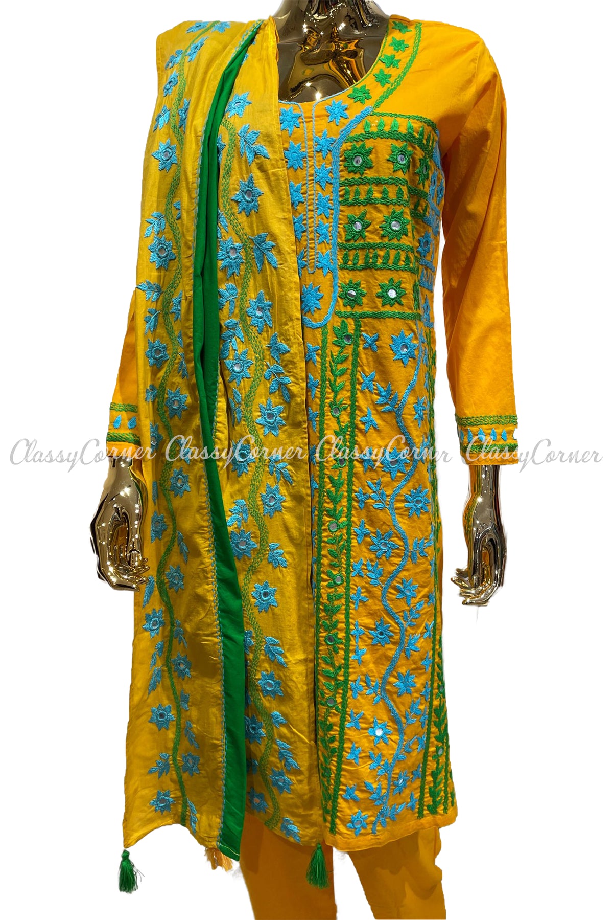 Green Yellow Hand Embroidered Cotton Salwar Kameez Suit - Classy Corner