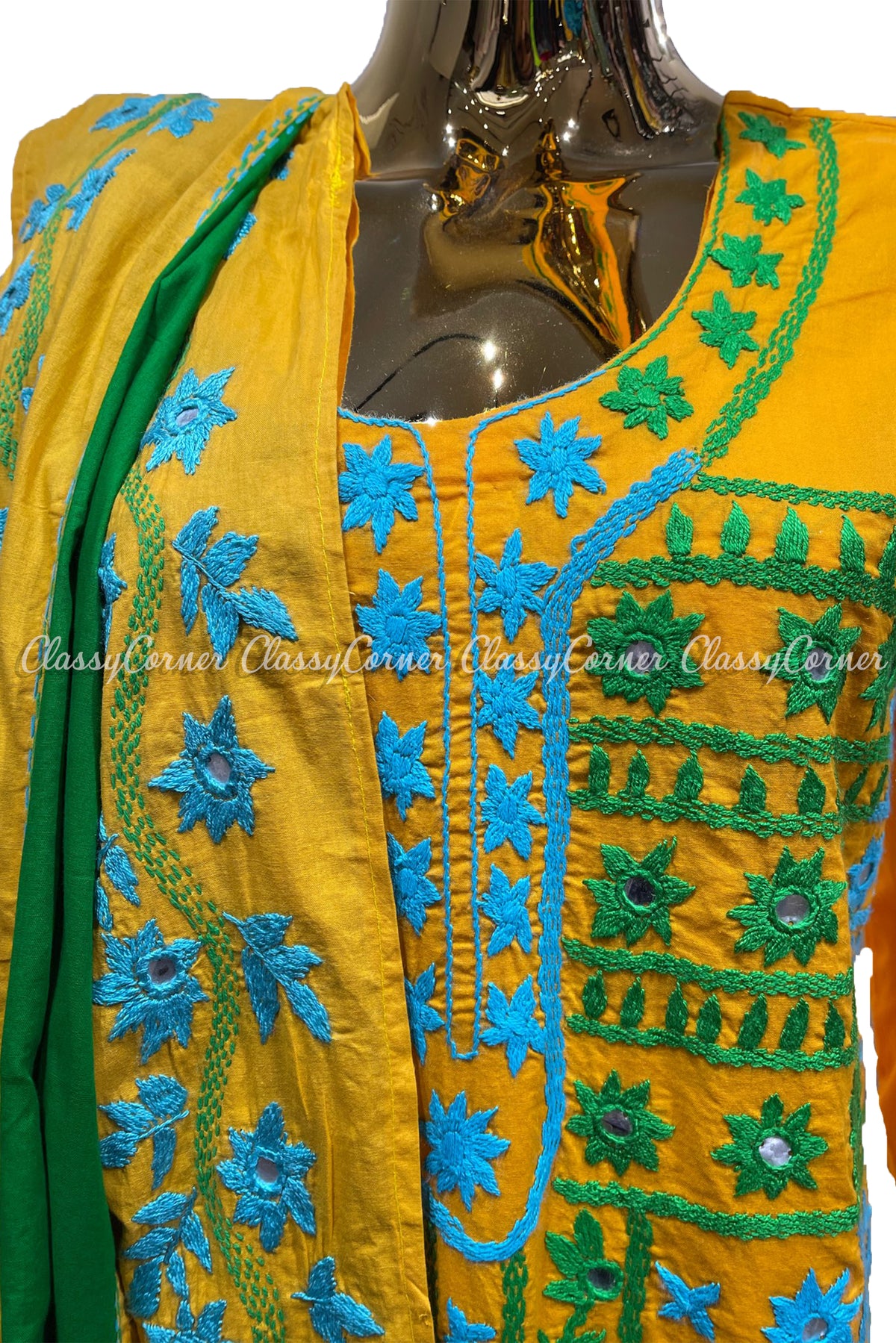 Green Yellow Hand Embroidered Cotton Salwar Kameez Suit - Classy Corner