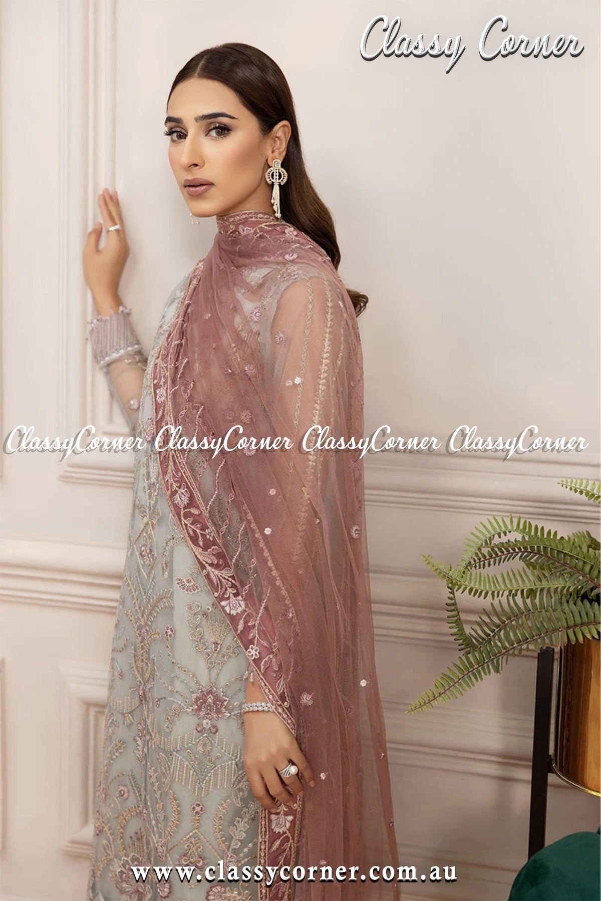 Light Gray Pink Net Salwar Kameez - Classy Corner