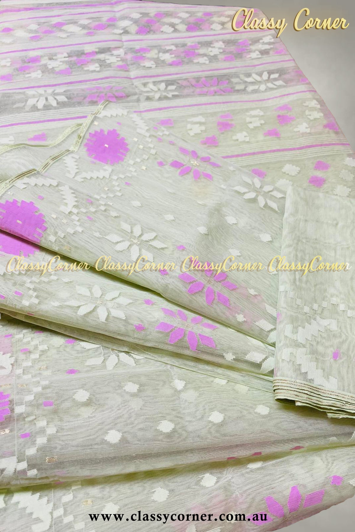 Light Mint Lilac Jamdani Saree - Classy Corner