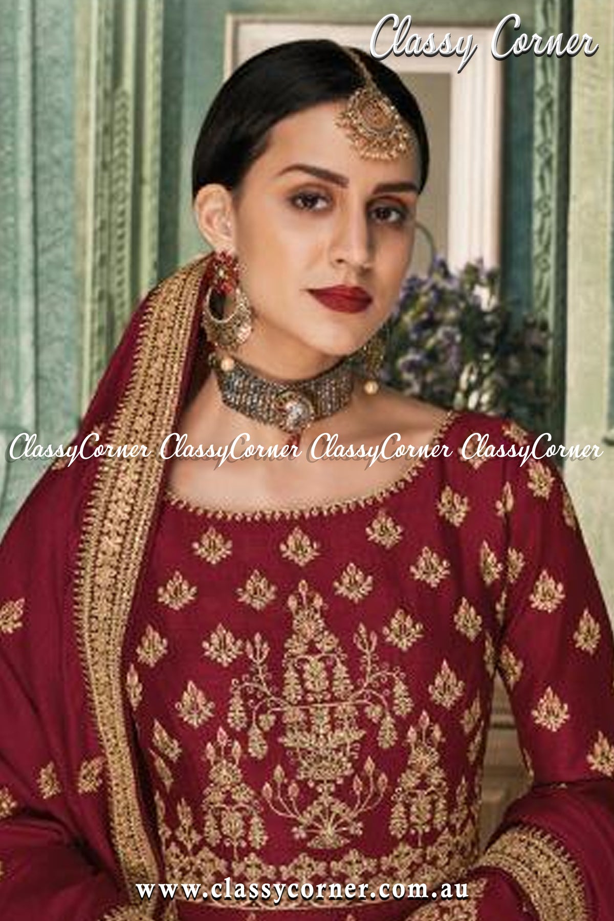 Maroon Red Silk Gown Dupatta - Classy Corner