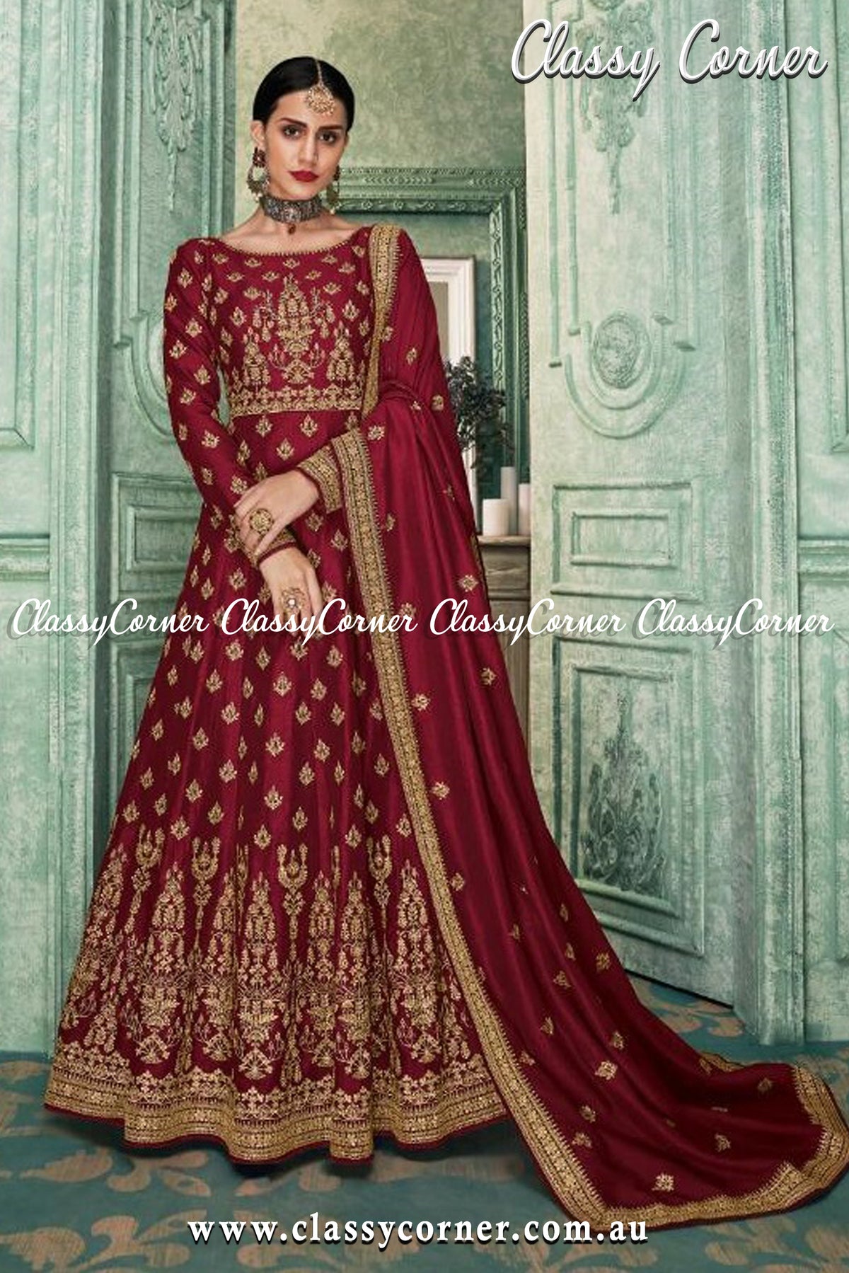 Maroon Red Silk Gown Dupatta - Classy Corner