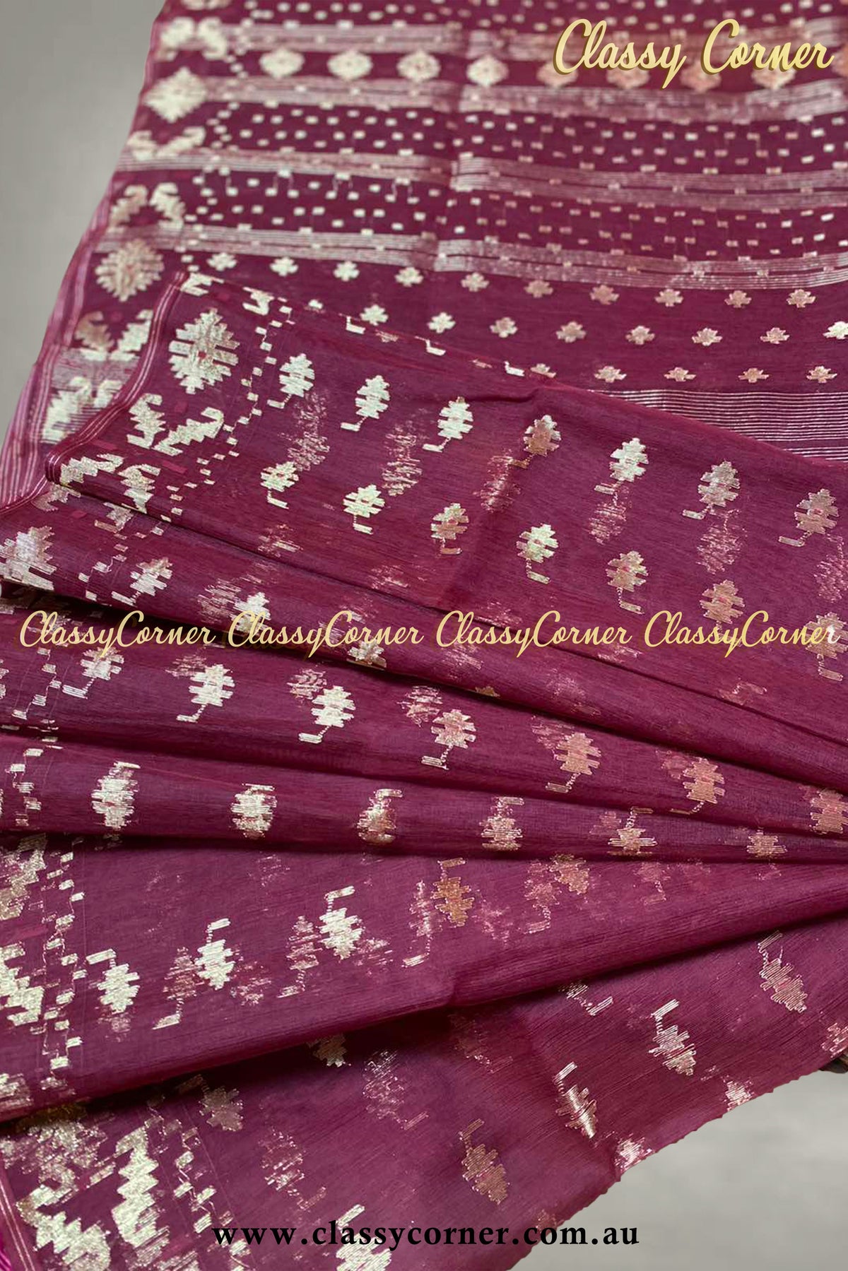 Matte Maroon Gold Jamdani Saree - Classy Corner