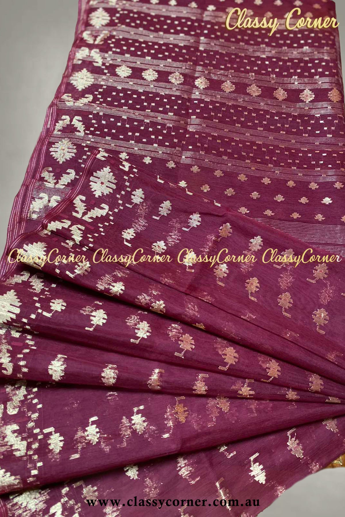 Matte Maroon Gold Jamdani Saree - Classy Corner