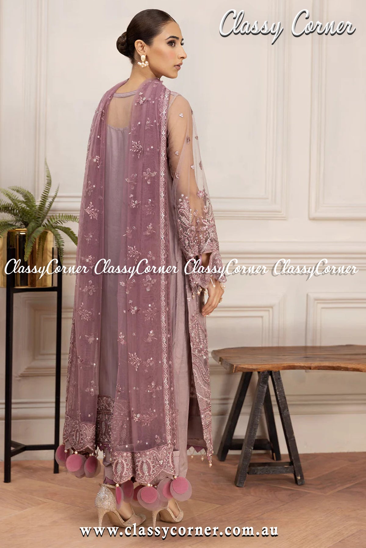 Mauve Silver Net Pakistani Salwar Kameez - Classy Corner