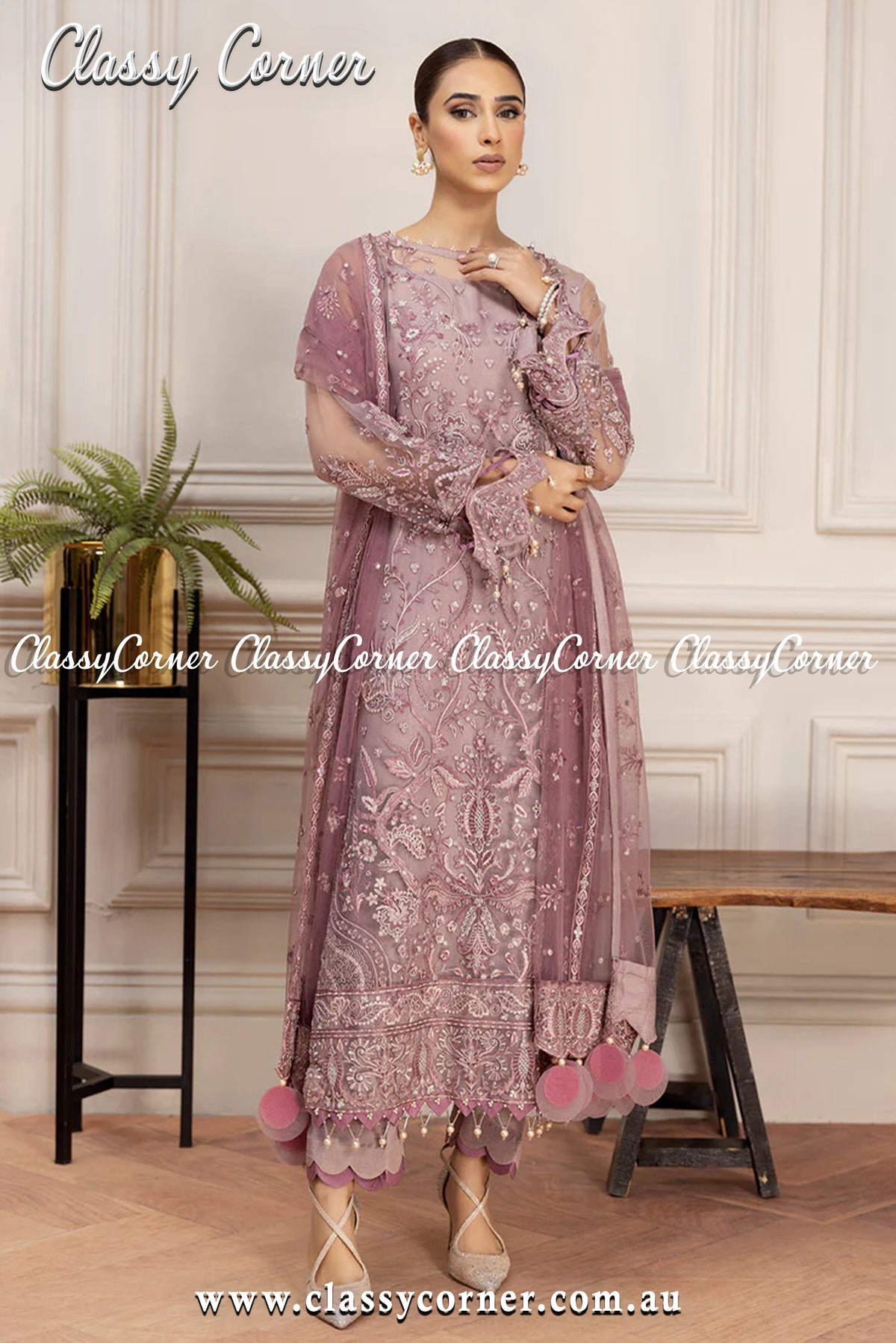 Mauve Silver Net Pakistani Salwar Kameez - Classy Corner