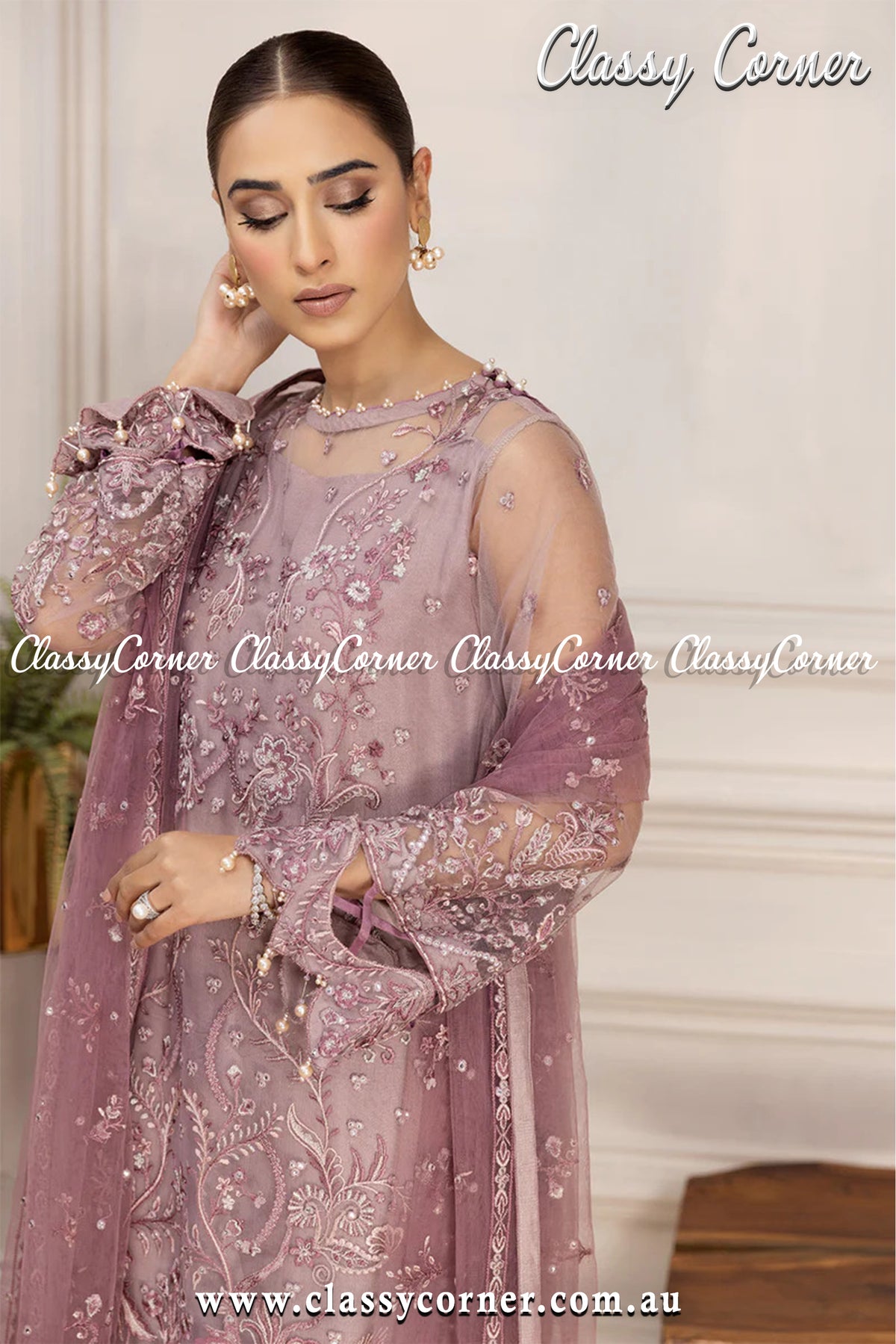 Mauve Silver Net Pakistani Salwar Kameez - Classy Corner