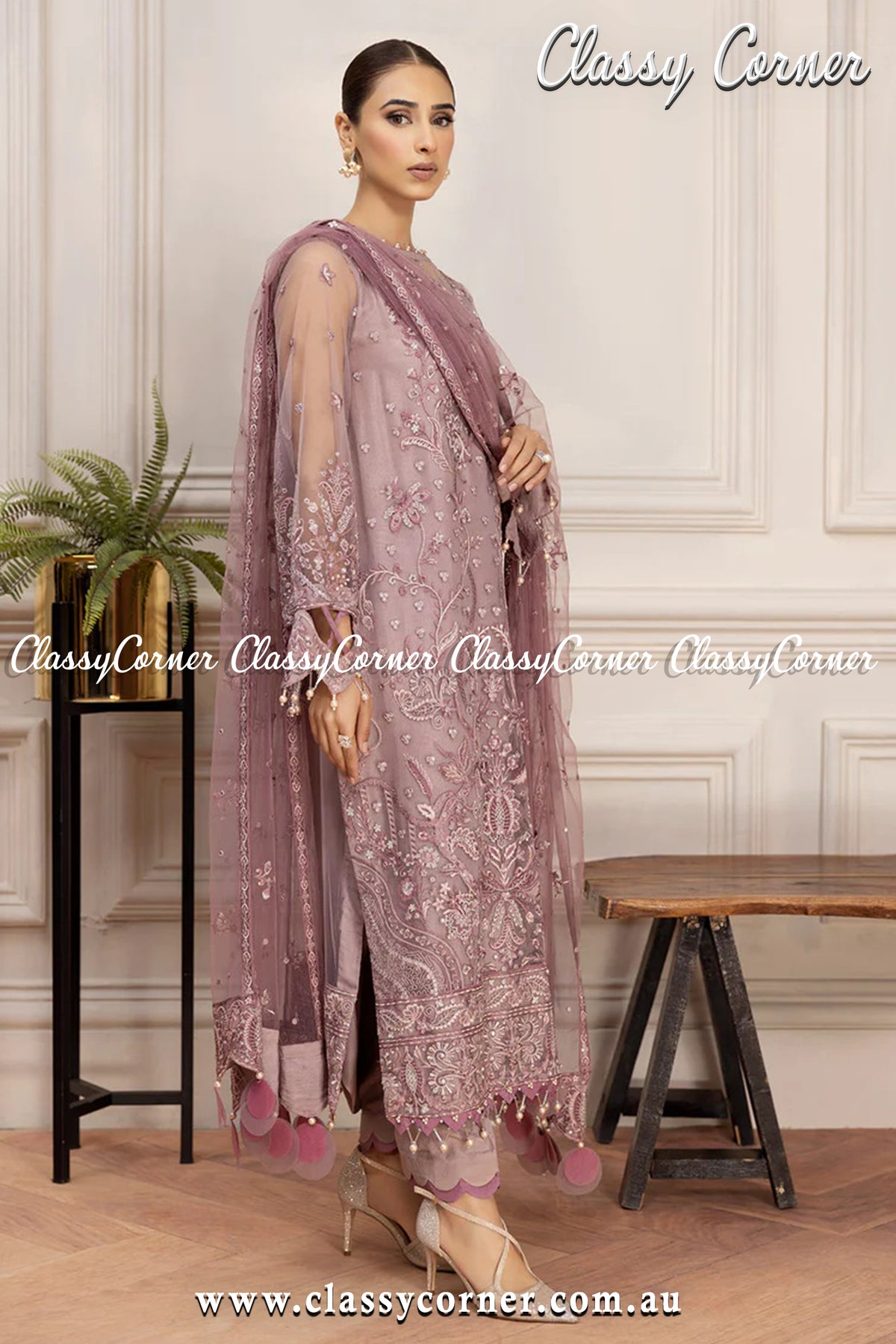 Mauve Silver Net Pakistani Salwar Kameez - Classy Corner