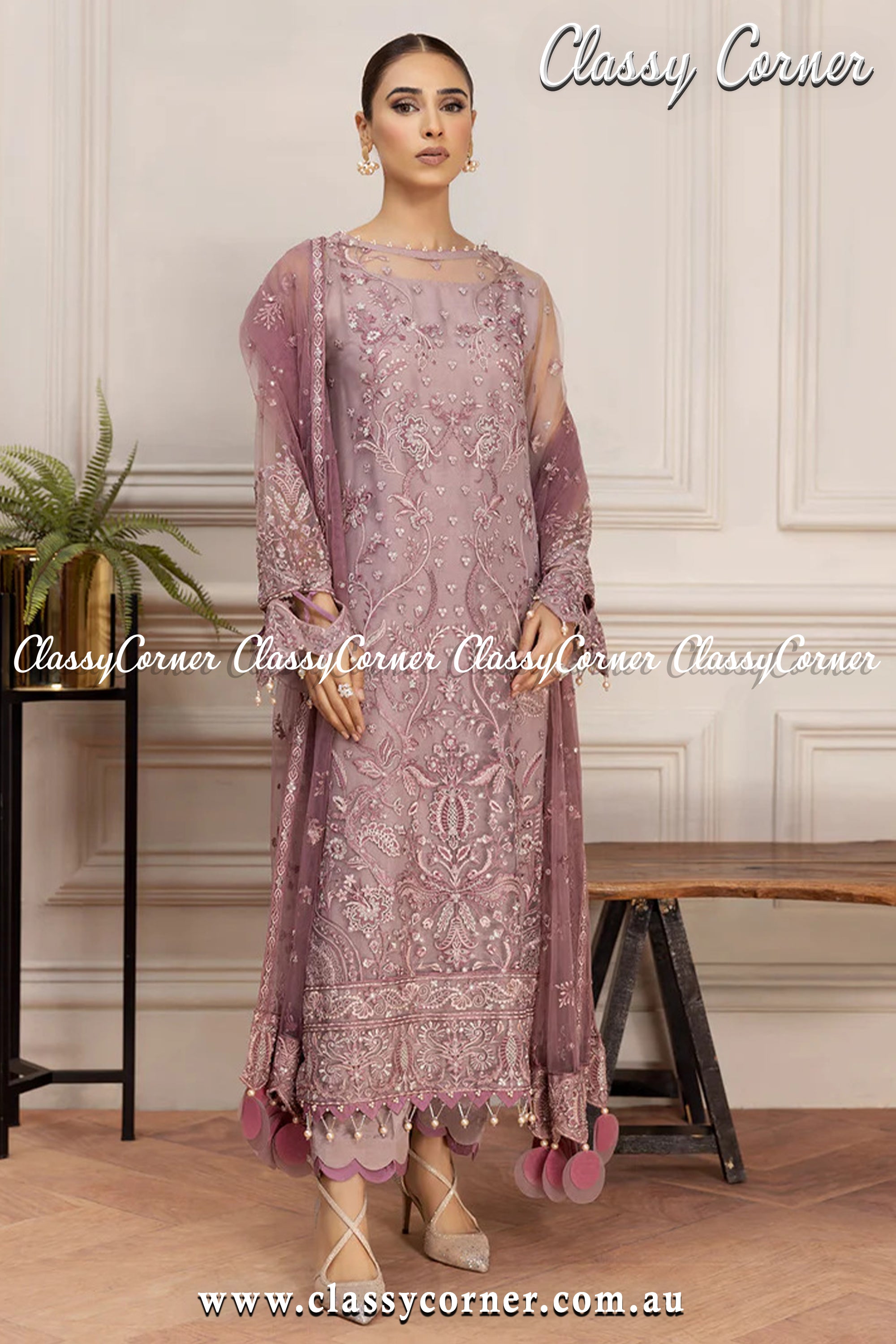 Mauve Silver Net Pakistani Salwar Kameez - Classy Corner