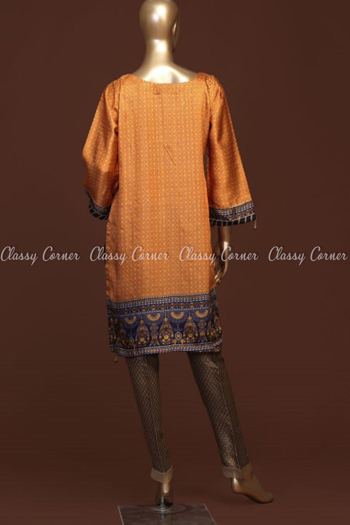 Minimalist Royal Print Design Orange Silk Kurti - Classy Corner