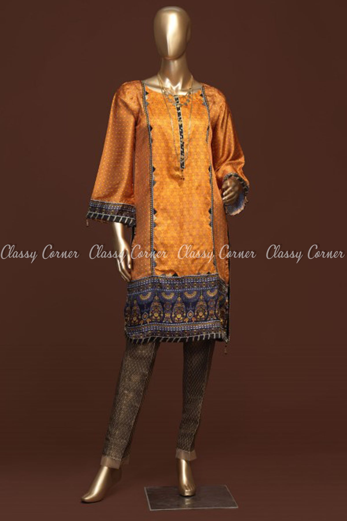 Minimalist Royal Print Design Orange Silk Kurti - Classy Corner