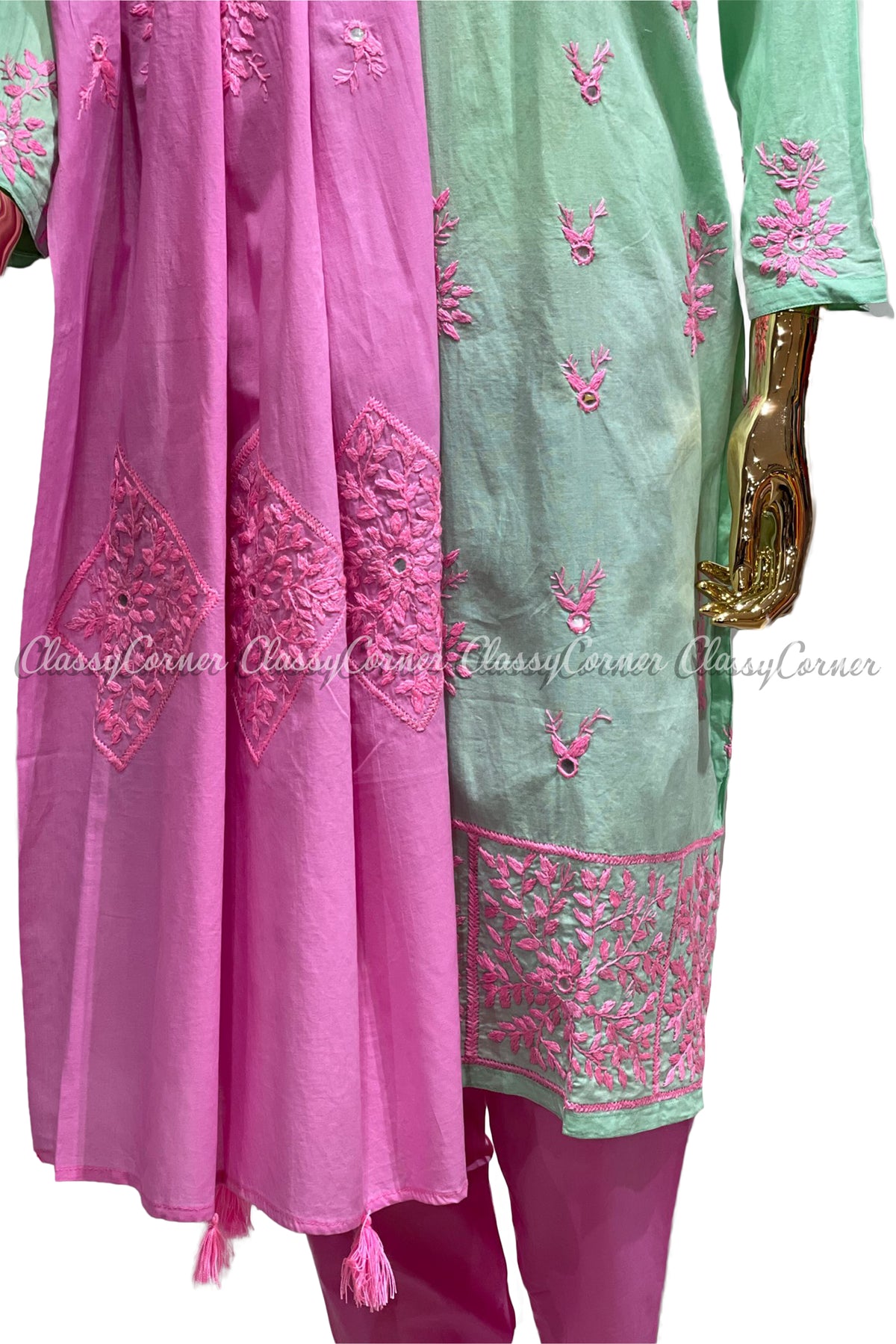 Mint Green Pink Hand Embroidered Cotton Salwar Kameez Set - Classy Corner