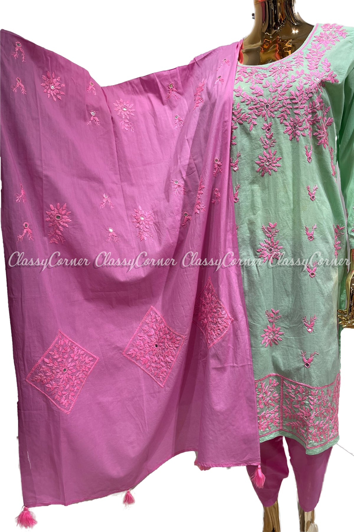 Mint Green Pink Hand Embroidered Cotton Salwar Kameez Set - Classy Corner