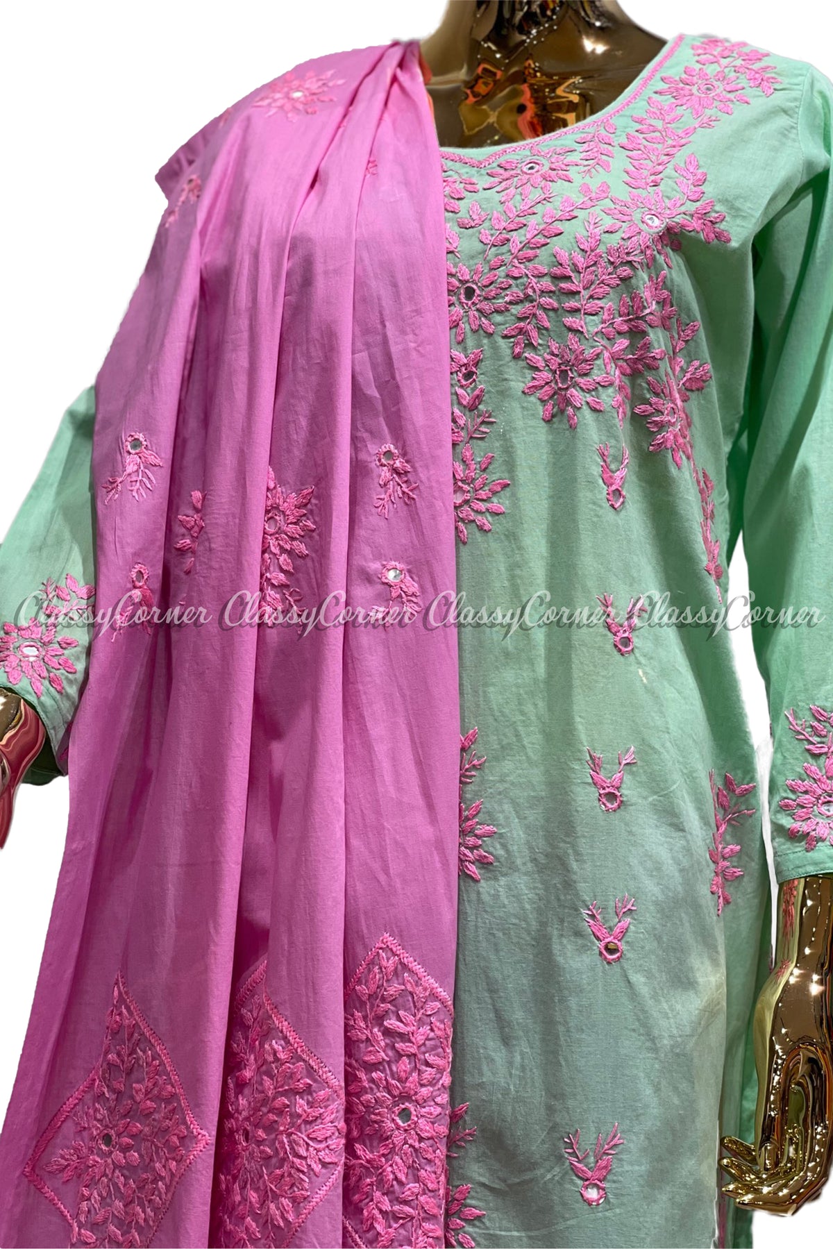 Mint Green Pink Hand Embroidered Cotton Salwar Kameez Set - Classy Corner