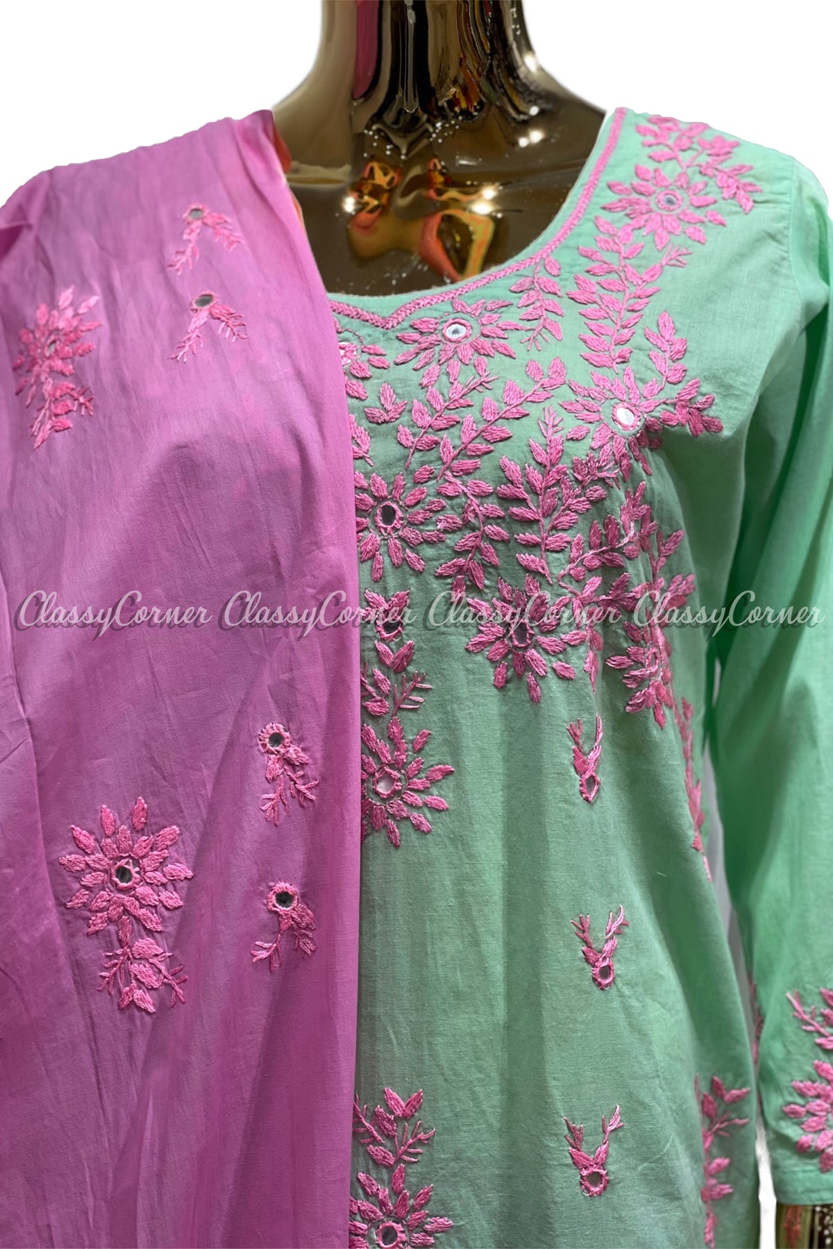 Mint Green Pink Hand Embroidered Cotton Salwar Kameez Set - Classy Corner