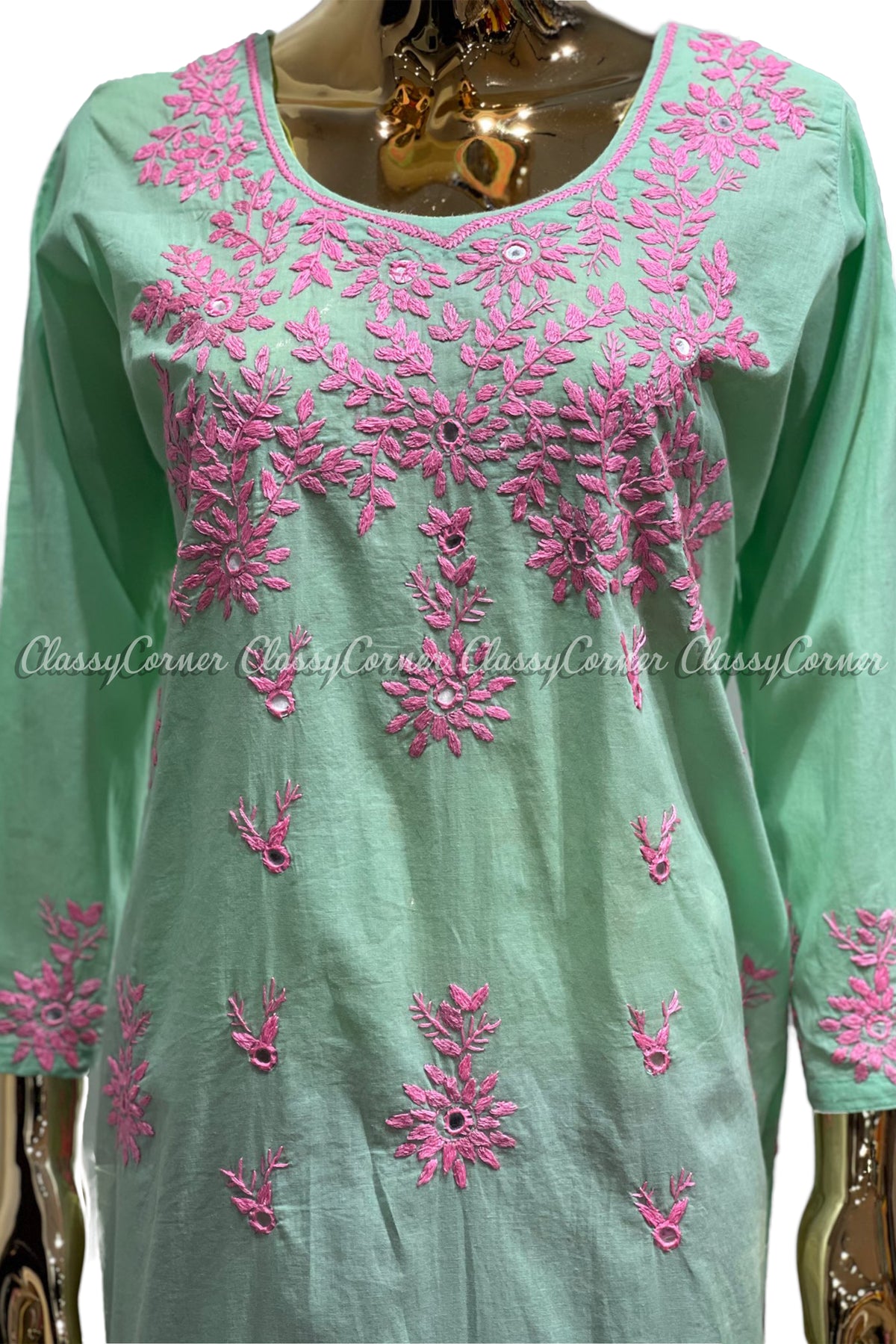 Mint Green Pink Hand Embroidered Cotton Salwar Kameez Set - Classy Corner