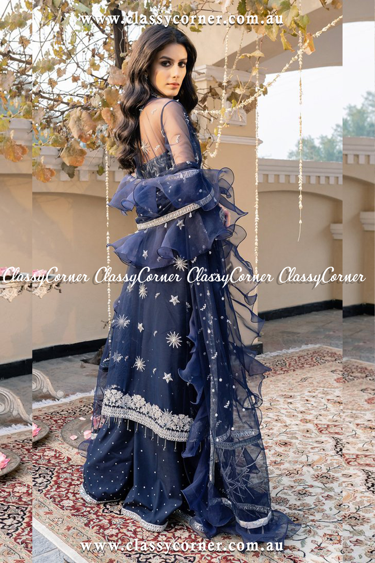 Navy Blue Silver Split Sharara Dupatta - Classy Corner