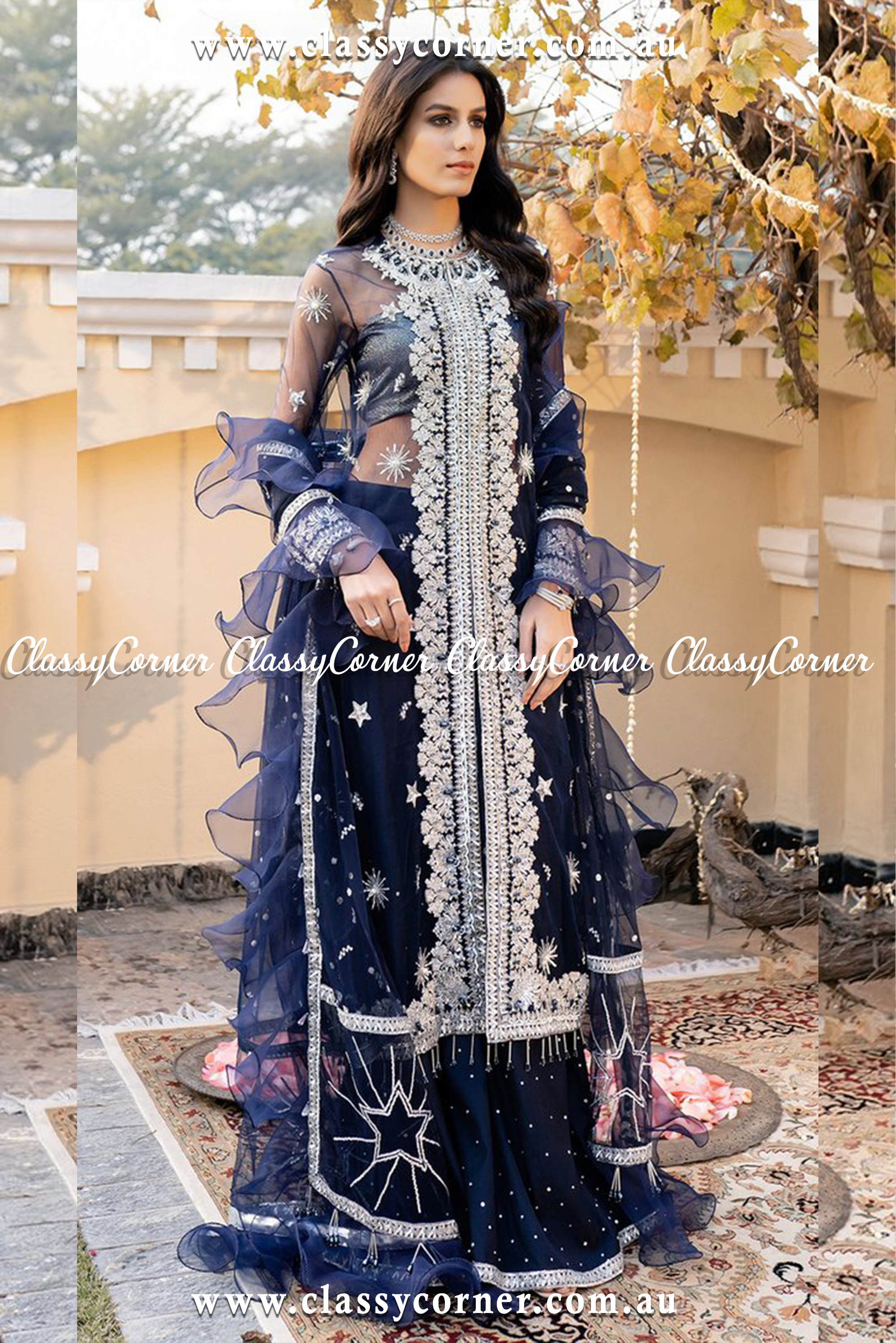 Navy Blue Silver Split Sharara Dupatta - Classy Corner