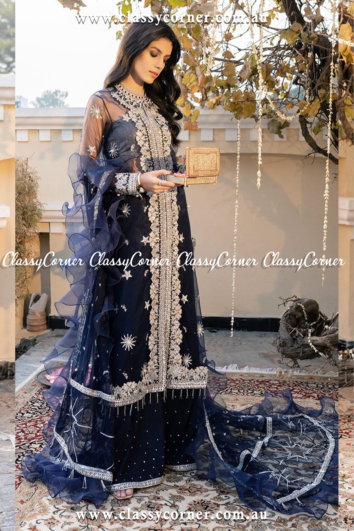 Navy Blue Silver Split Sharara Dupatta - Classy Corner