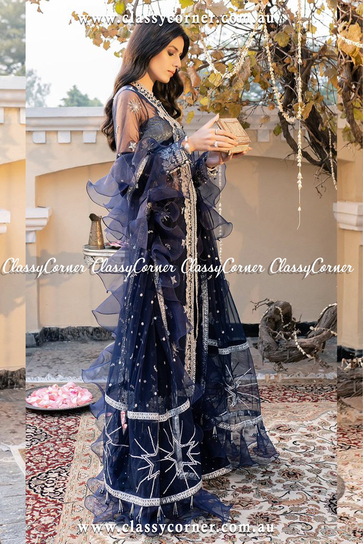 Navy Blue Silver Split Sharara Dupatta - Classy Corner