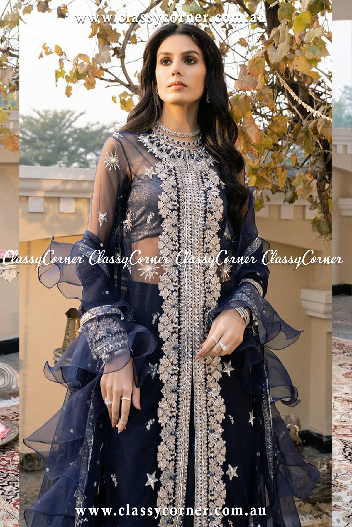 Navy Blue Silver Split Sharara Dupatta - Classy Corner