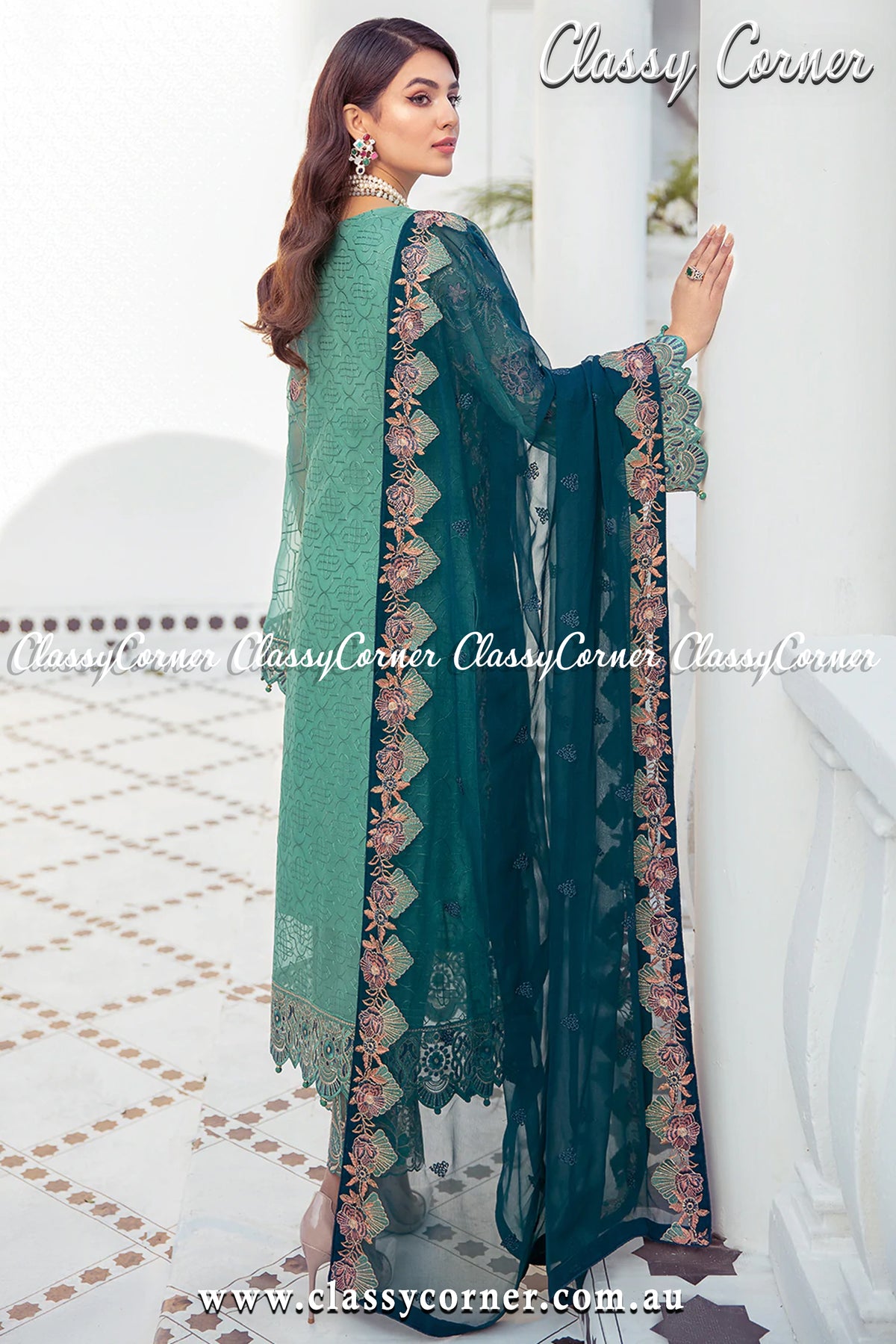 Ocean Green Teal Chiffon Pakistani Formal Salwar Kameez - Classy Corner