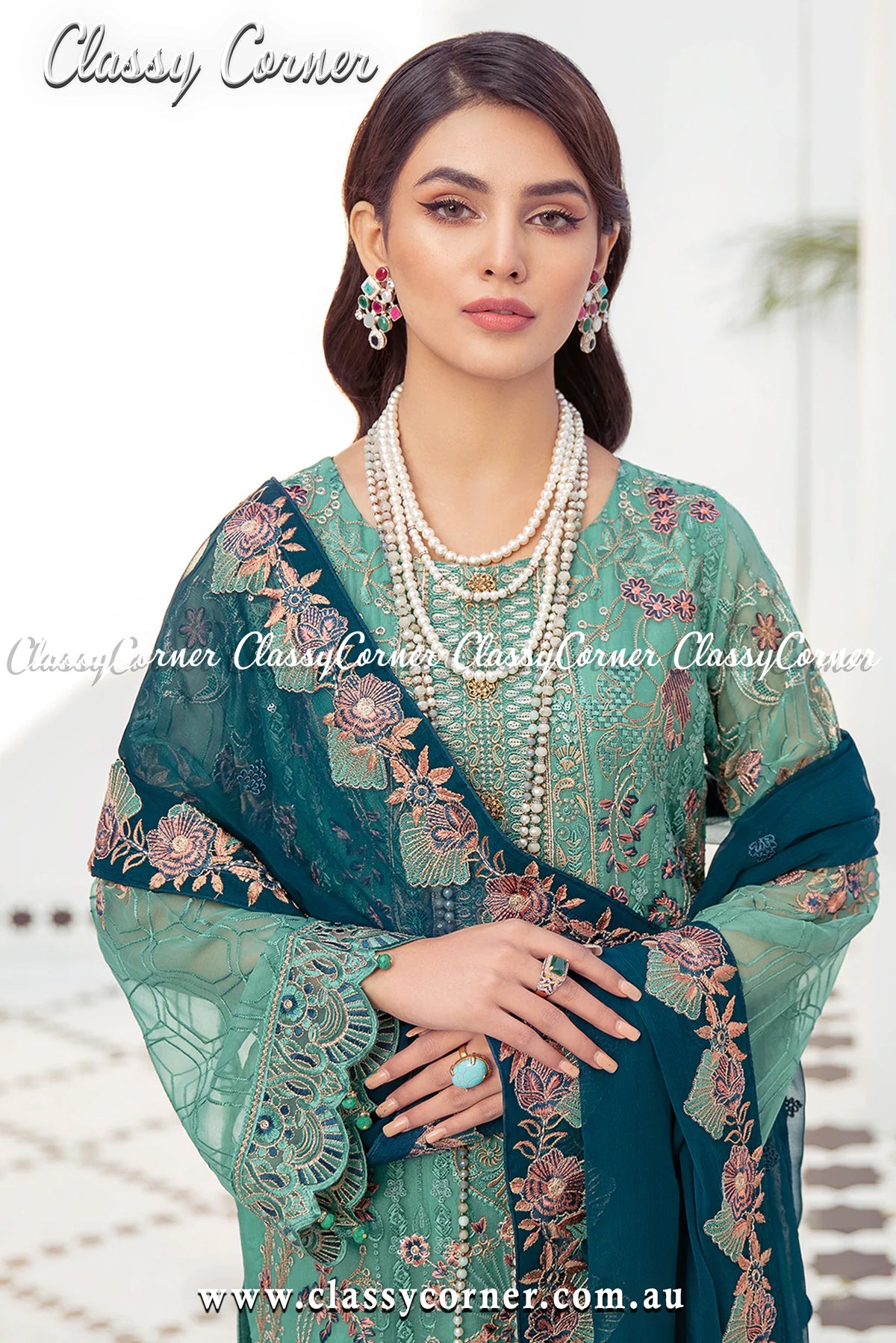 Ocean Green Teal Chiffon Pakistani Formal Salwar Kameez - Classy Corner