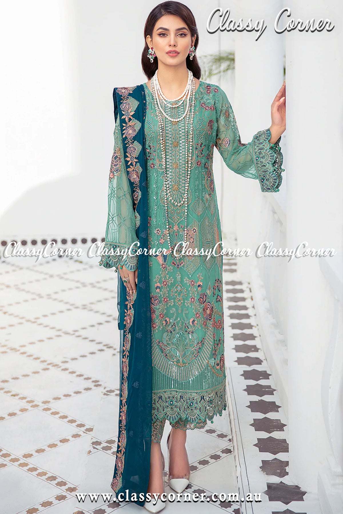 Ocean Green Teal Chiffon Pakistani Formal Salwar Kameez - Classy Corner