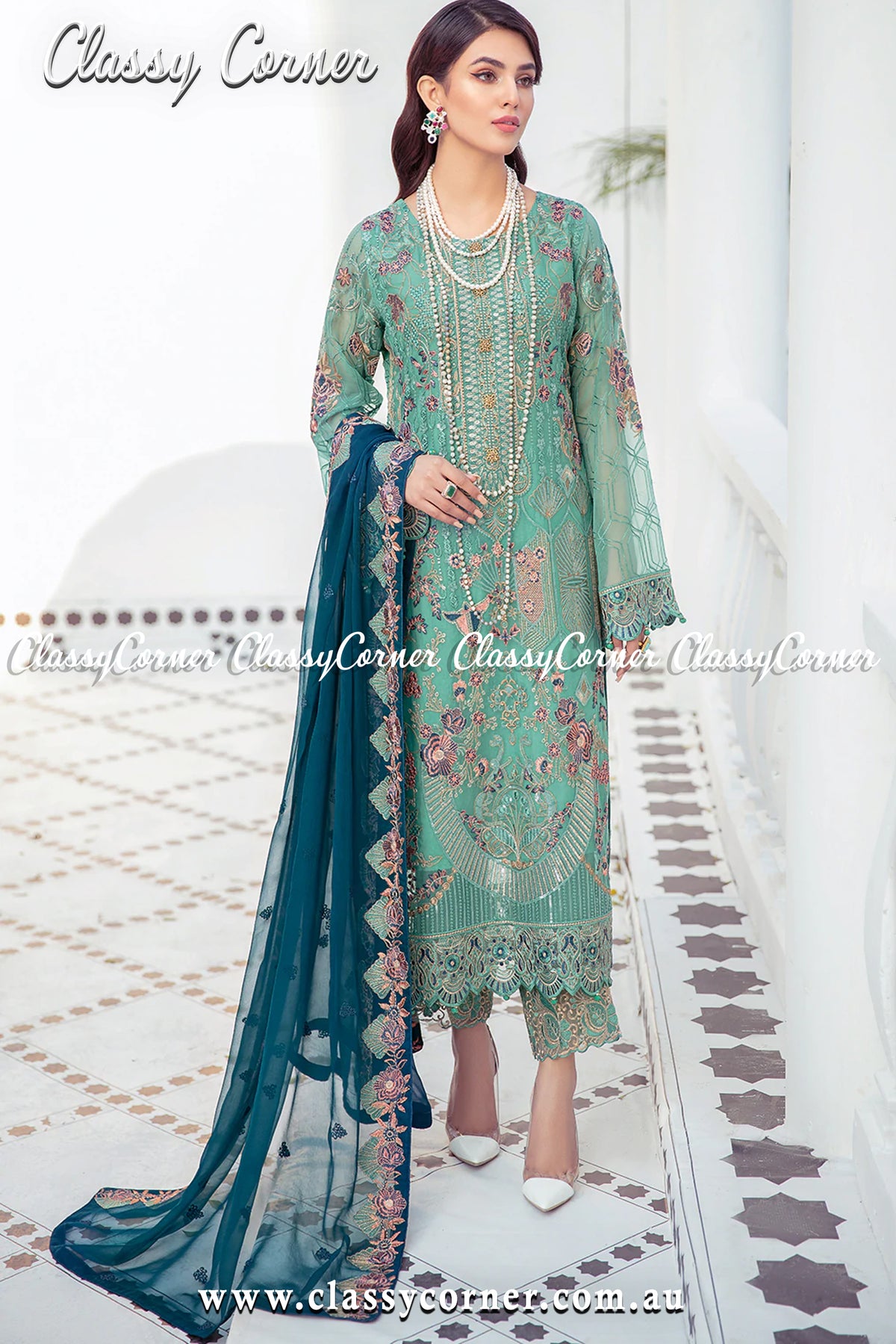 Ocean Green Teal Chiffon Pakistani Formal Salwar Kameez - Classy Corner