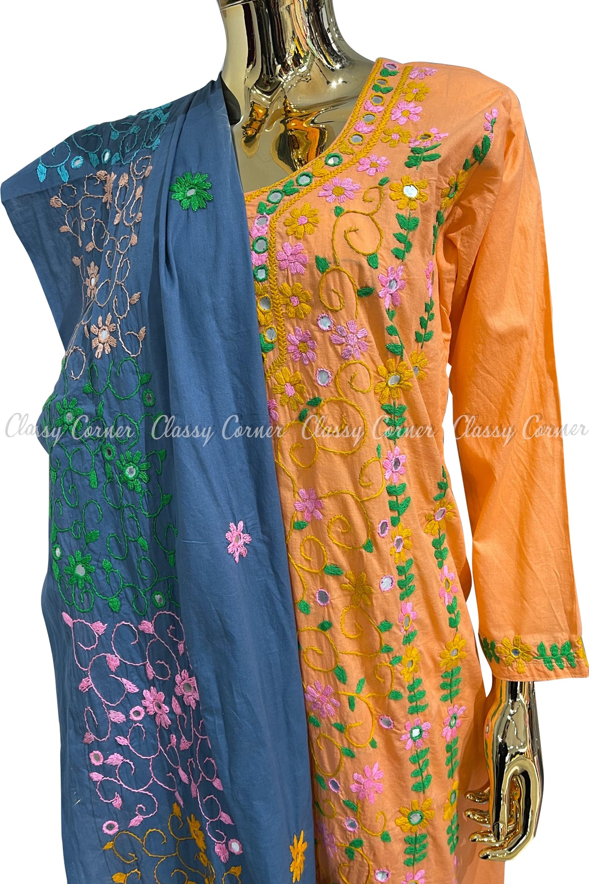 Peach Blue Hand Embroidered Cotton Salwar Kameez Suit - Classy Corner