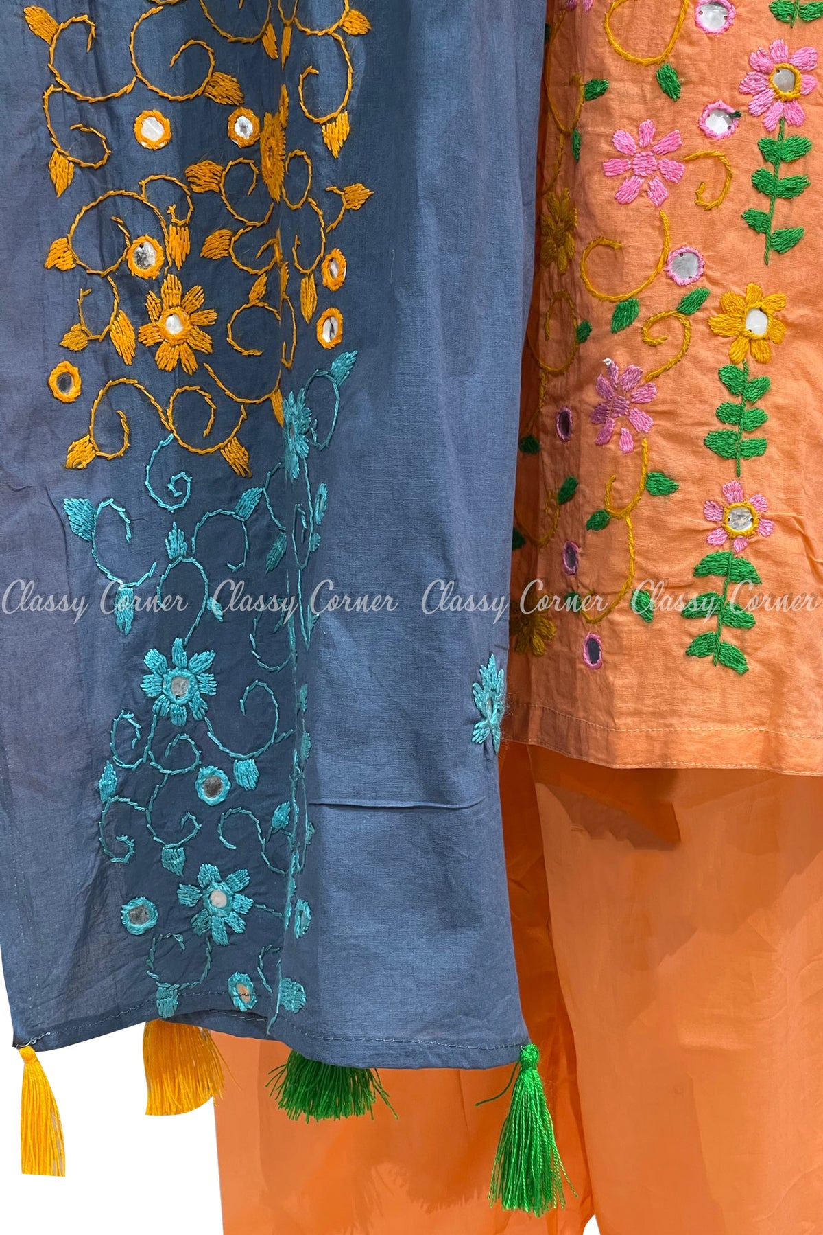 Peach Blue Hand Embroidered Cotton Salwar Kameez Suit - Classy Corner