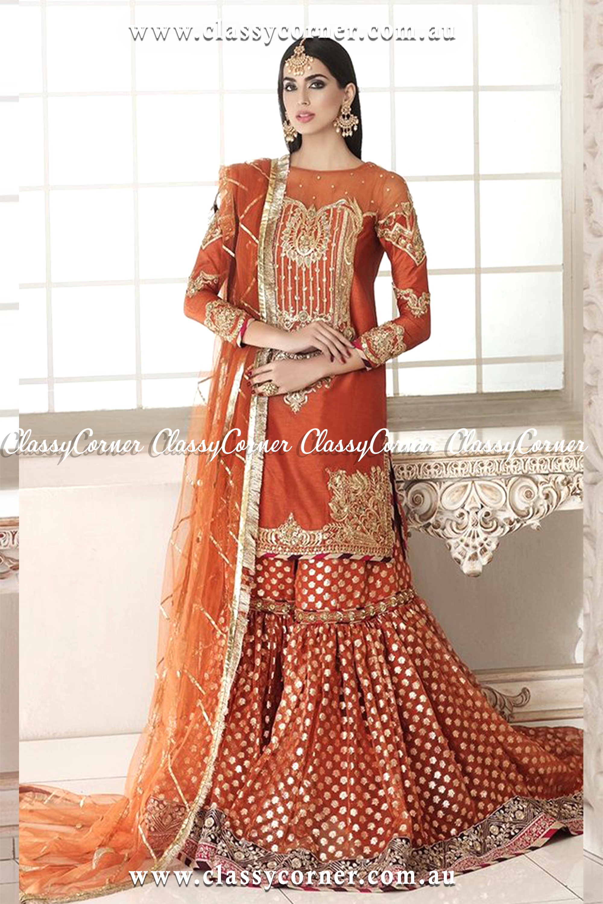 Orange Golden Gharara Dupatta - Classy Corner